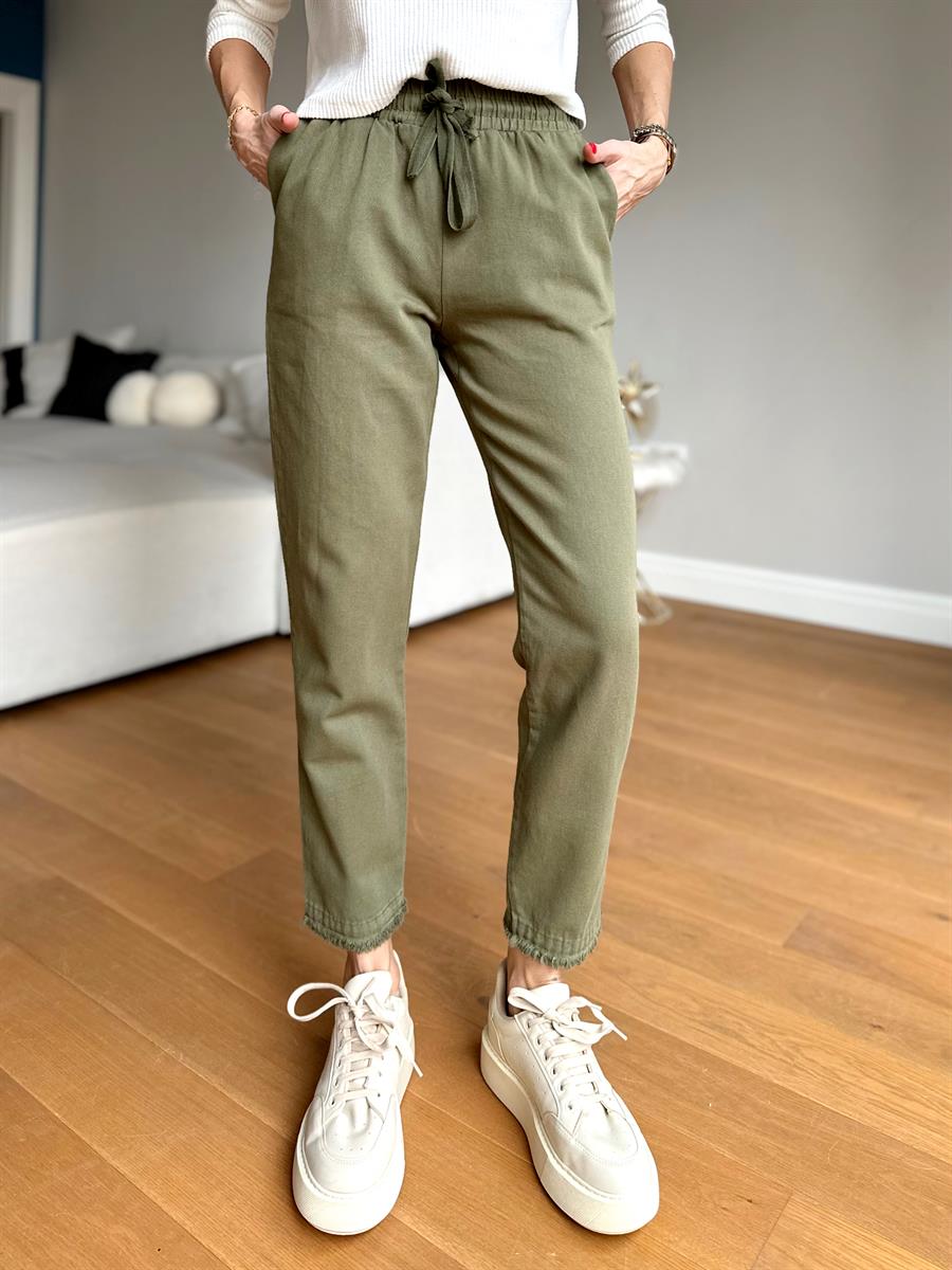Kadın Beli Lastikli Paçası Püskül Detay Parça Boya Gabardin Haki Pantolon · 5