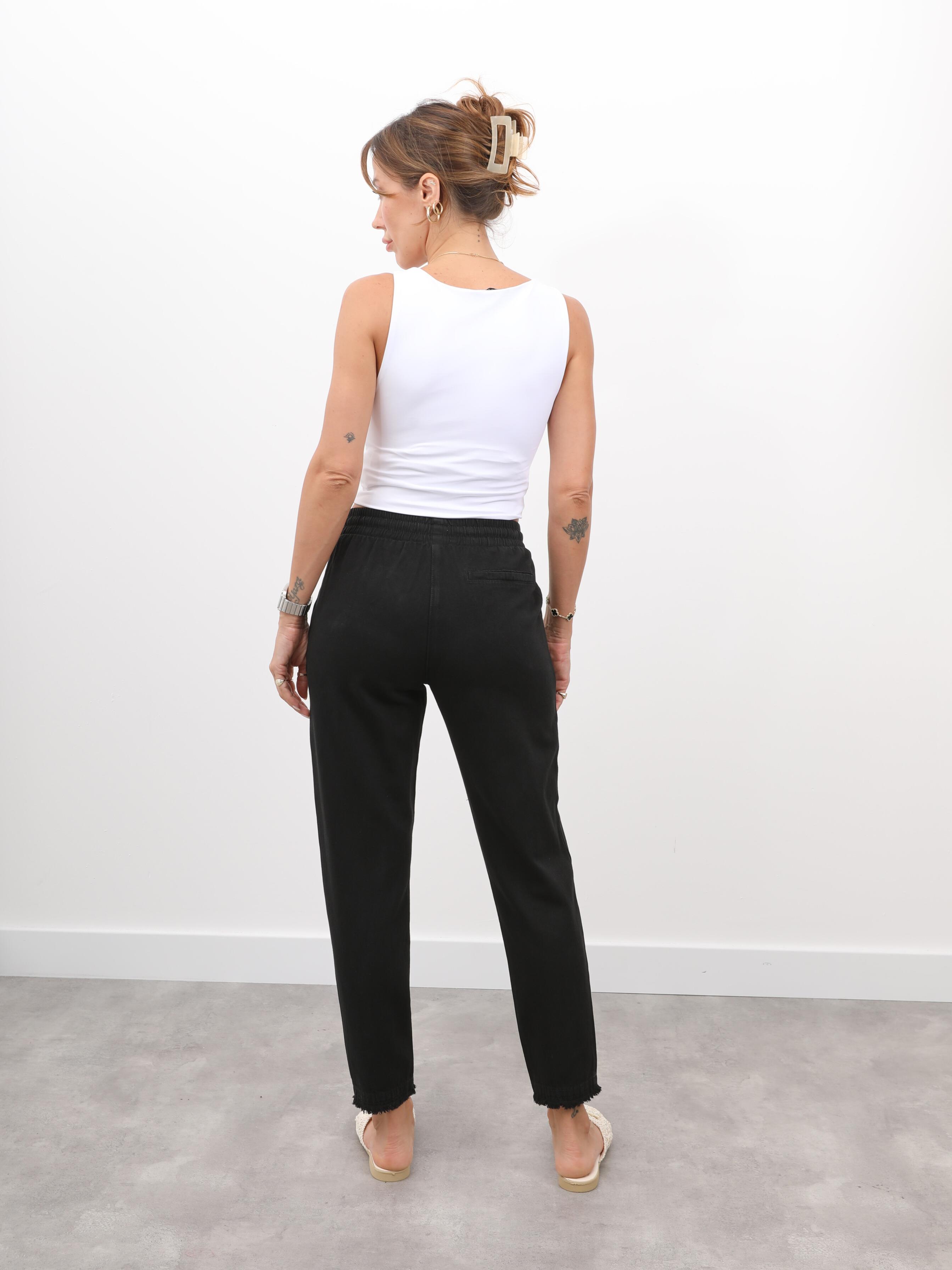 Kadın Beli Lastikli Paçası Püskül Detay Parça Boya Gabardin Siyah Pantolon · 3