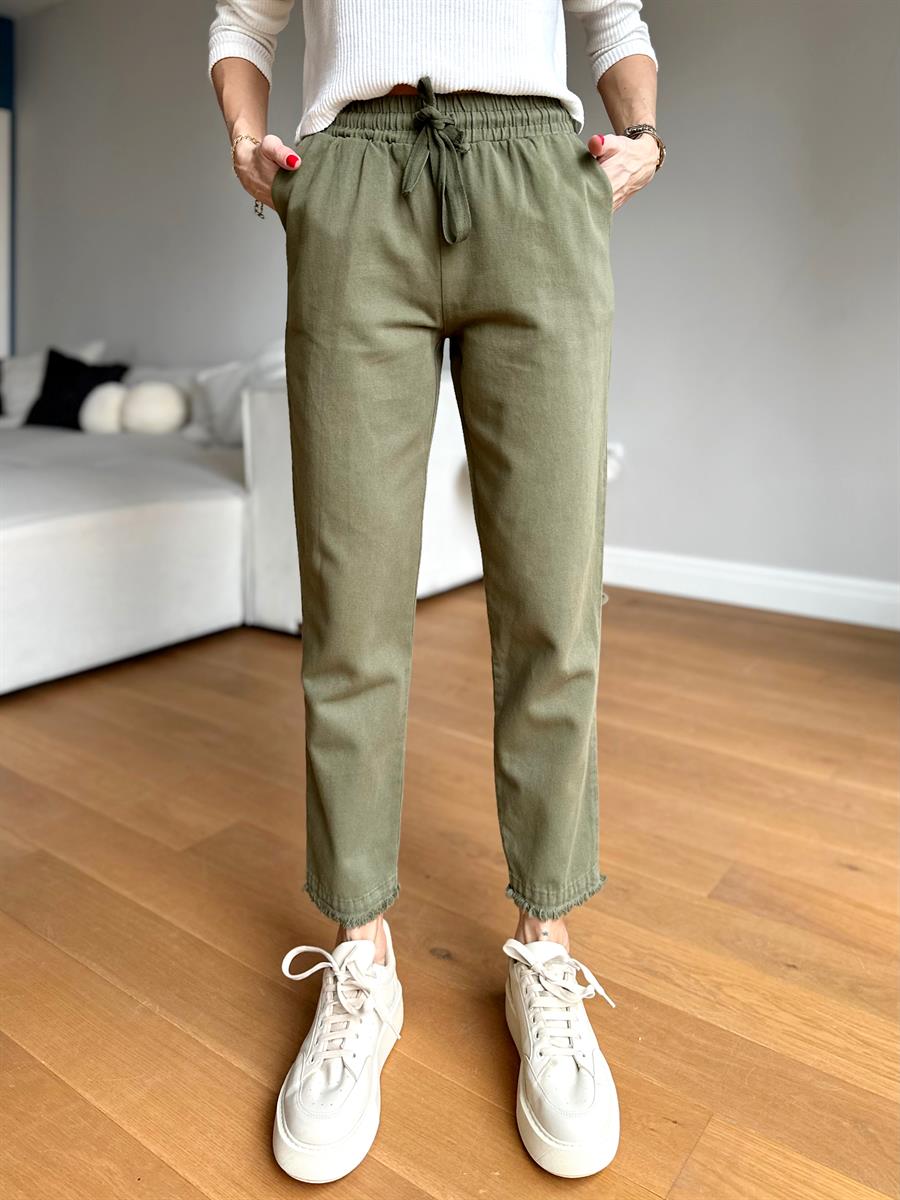 Kadın Beli Lastikli Paçası Püskül Detay Parça Boya Gabardin Haki Pantolon