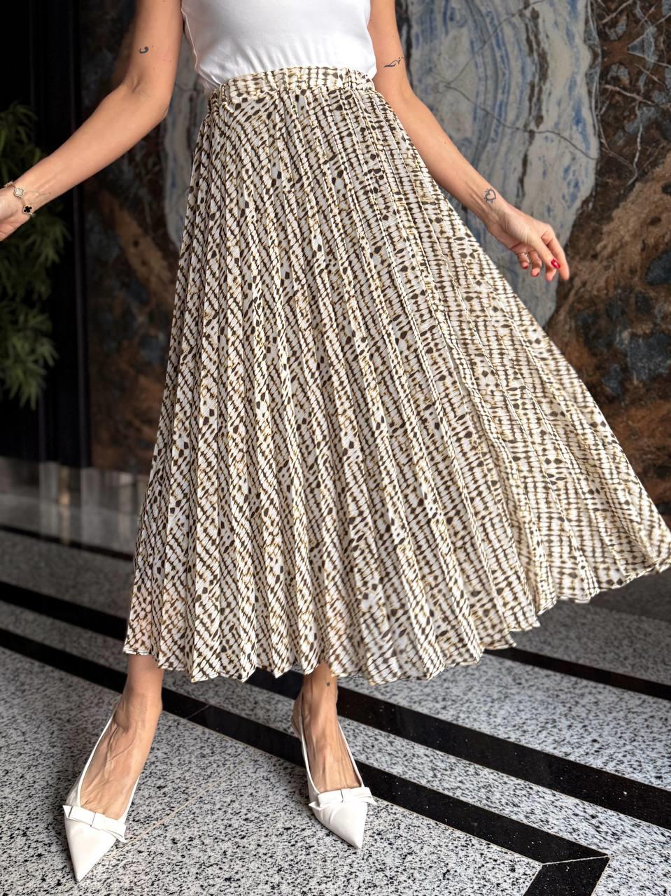 Kadın Beli Lastikli Şifon Pliseli Baskılı Etek