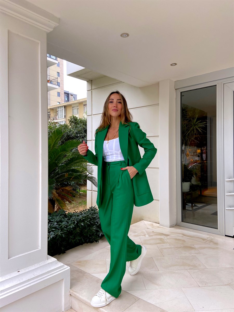 Kadın Ceket Pantolon Cepli Düğmeli Yeşil Blazer Takım