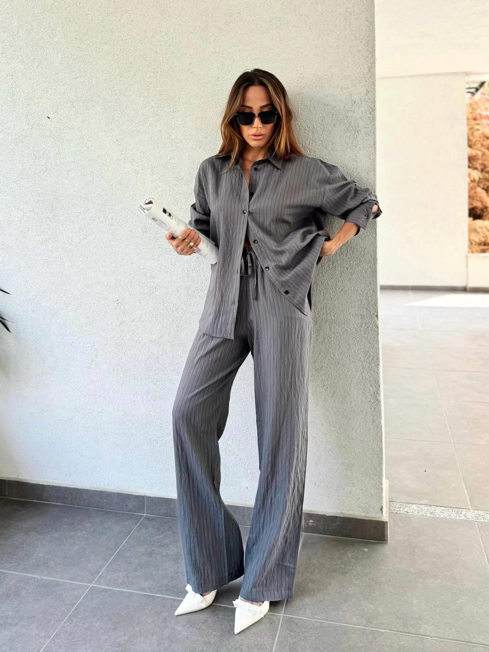 Kadın Çizgili Antrasit Gömlek Pantalon Takım · 5