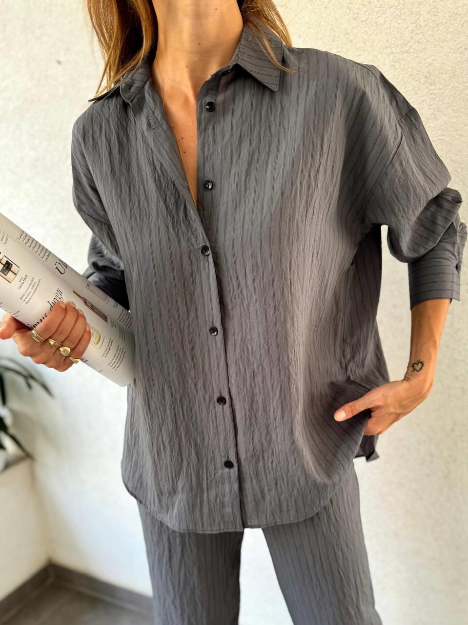 Kadın Çizgili Antrasit Gömlek Pantalon Takım · 4