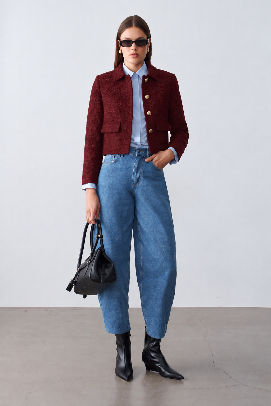 Kadın Dore Düğmeli Blazer Bordo Tüvit  Ceket
