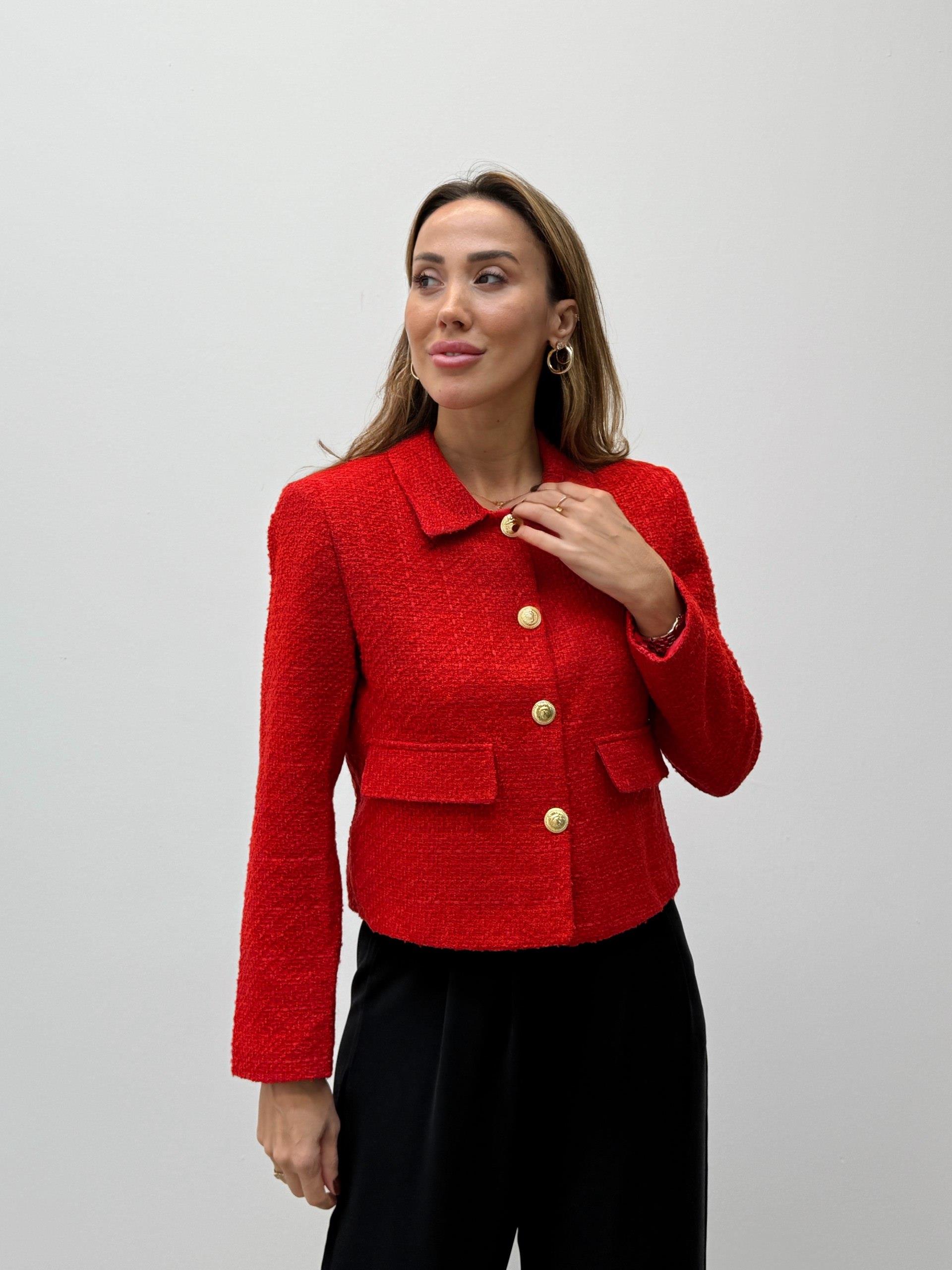 Kadın Dore Düğmeli Blazer Kırmızı Tüvit  Ceket