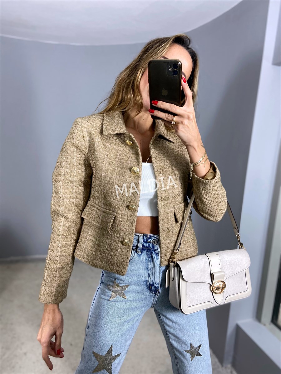 Kadın Dore Düğmeli Blazer Vizon Tüvit  Ceket · 6