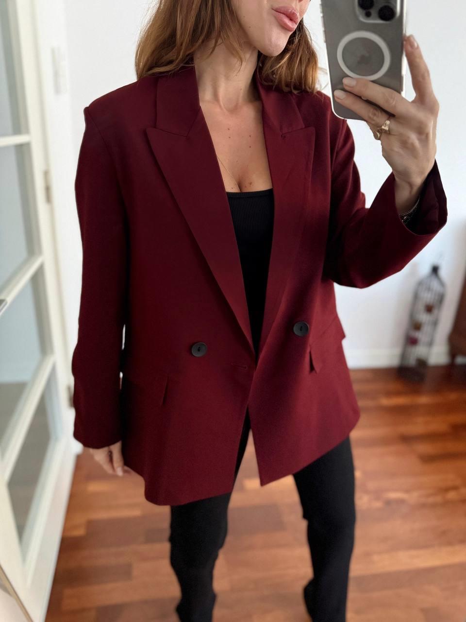 Kadın Double Kumaş Astarlı Koyu Bordo Blazer Ceket · 2