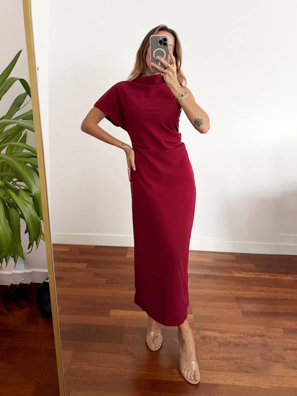 Kadın Double Kumaş Yırtmaçlı Bordo Elbise 7525