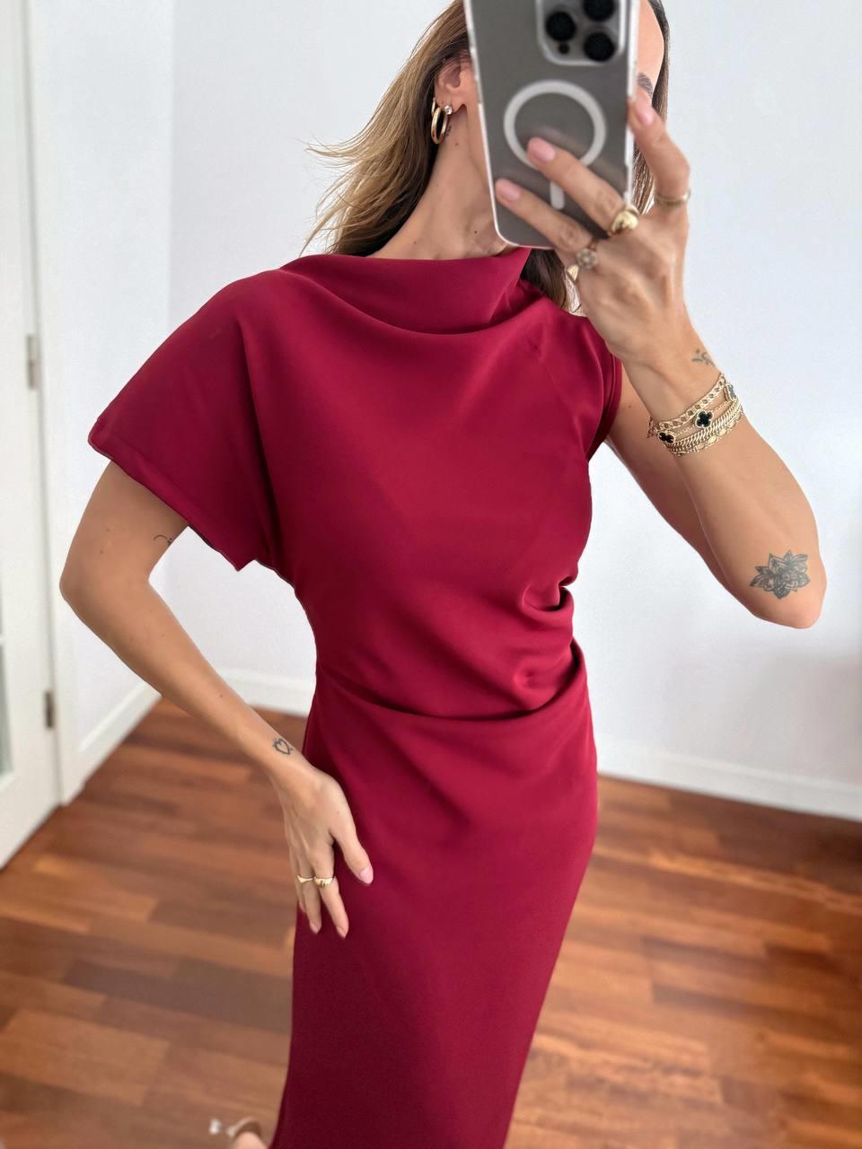 Kadın Double Kumaş Yırtmaçlı Bordo Elbise 7525 · 4