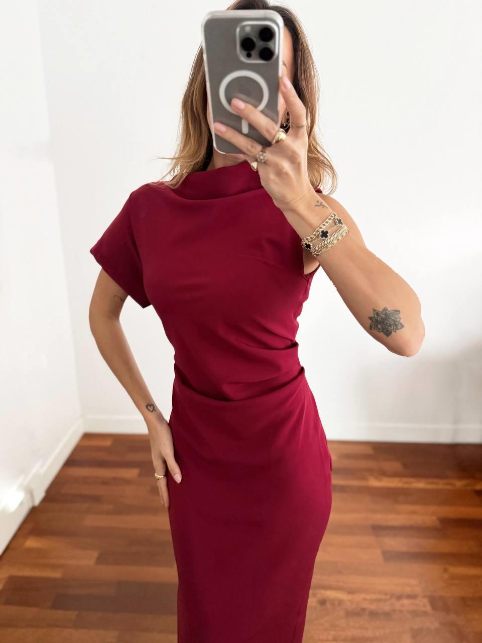 Kadın Double Kumaş Yırtmaçlı Bordo Elbise 7525 · 2