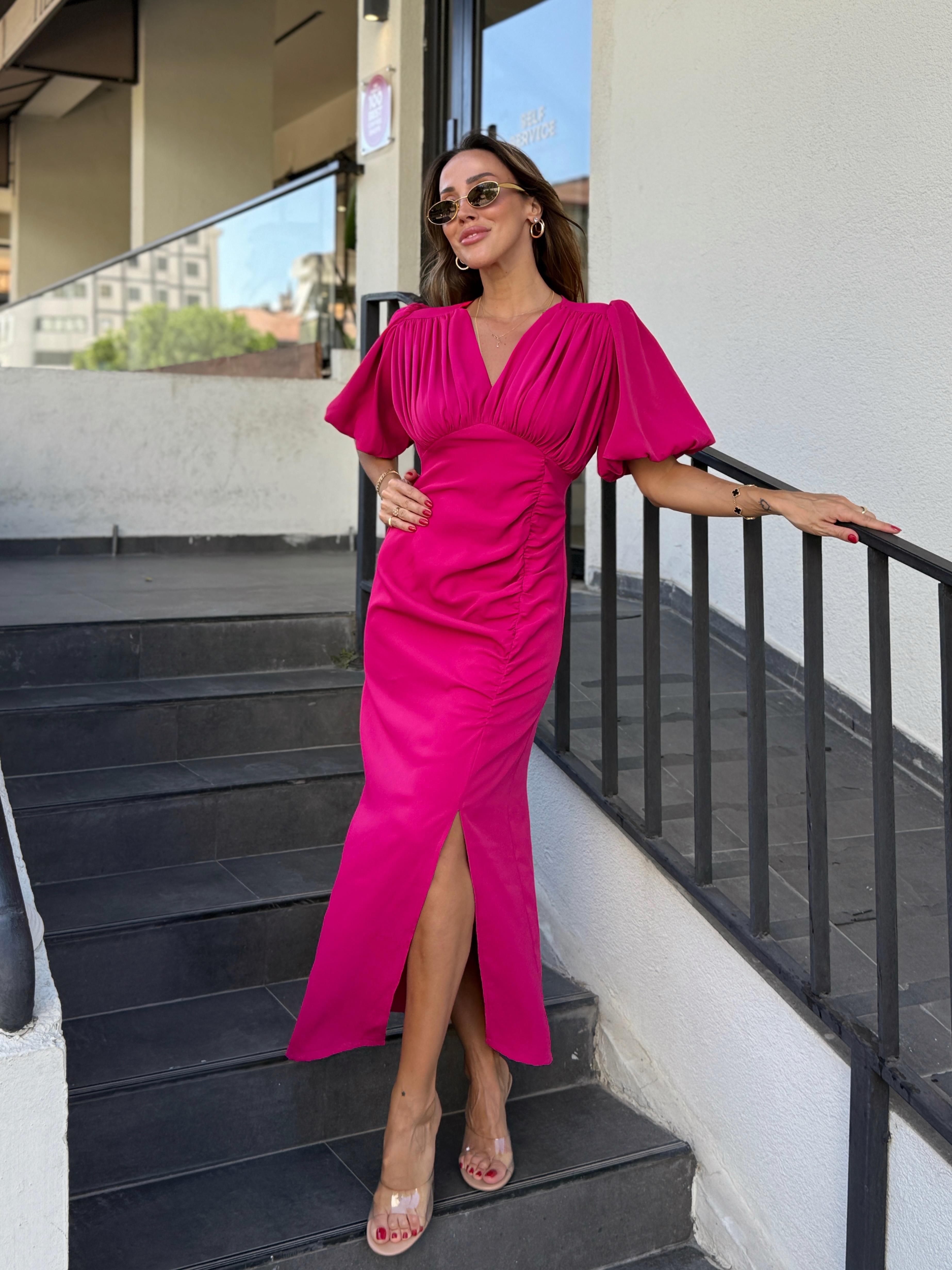 Kadın Drapeli Yırtmaçlı Balon Kol Fuşya Elbise