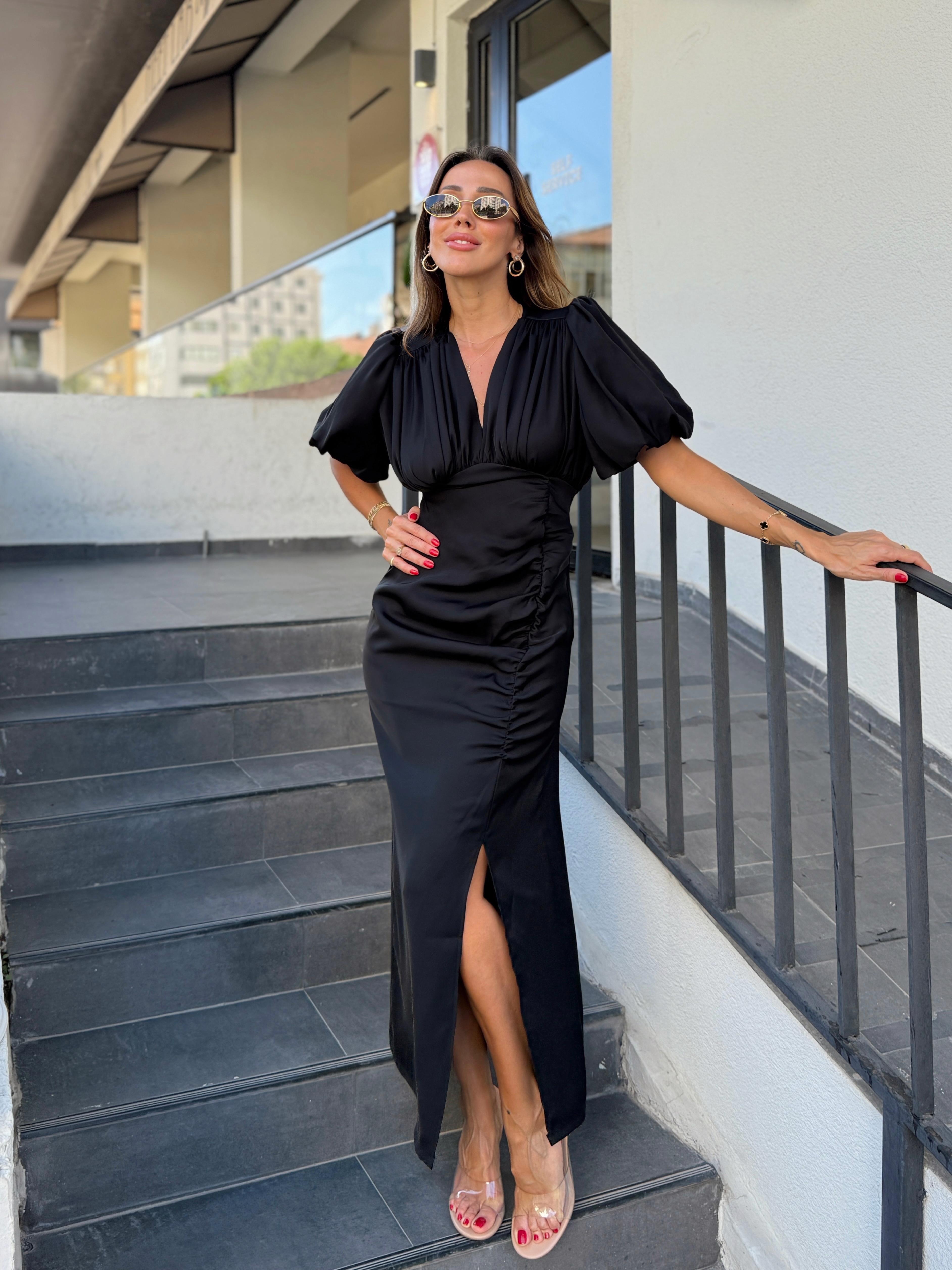 Kadın Drapeli Yırtmaçlı Balon Kol Siyah Elbise