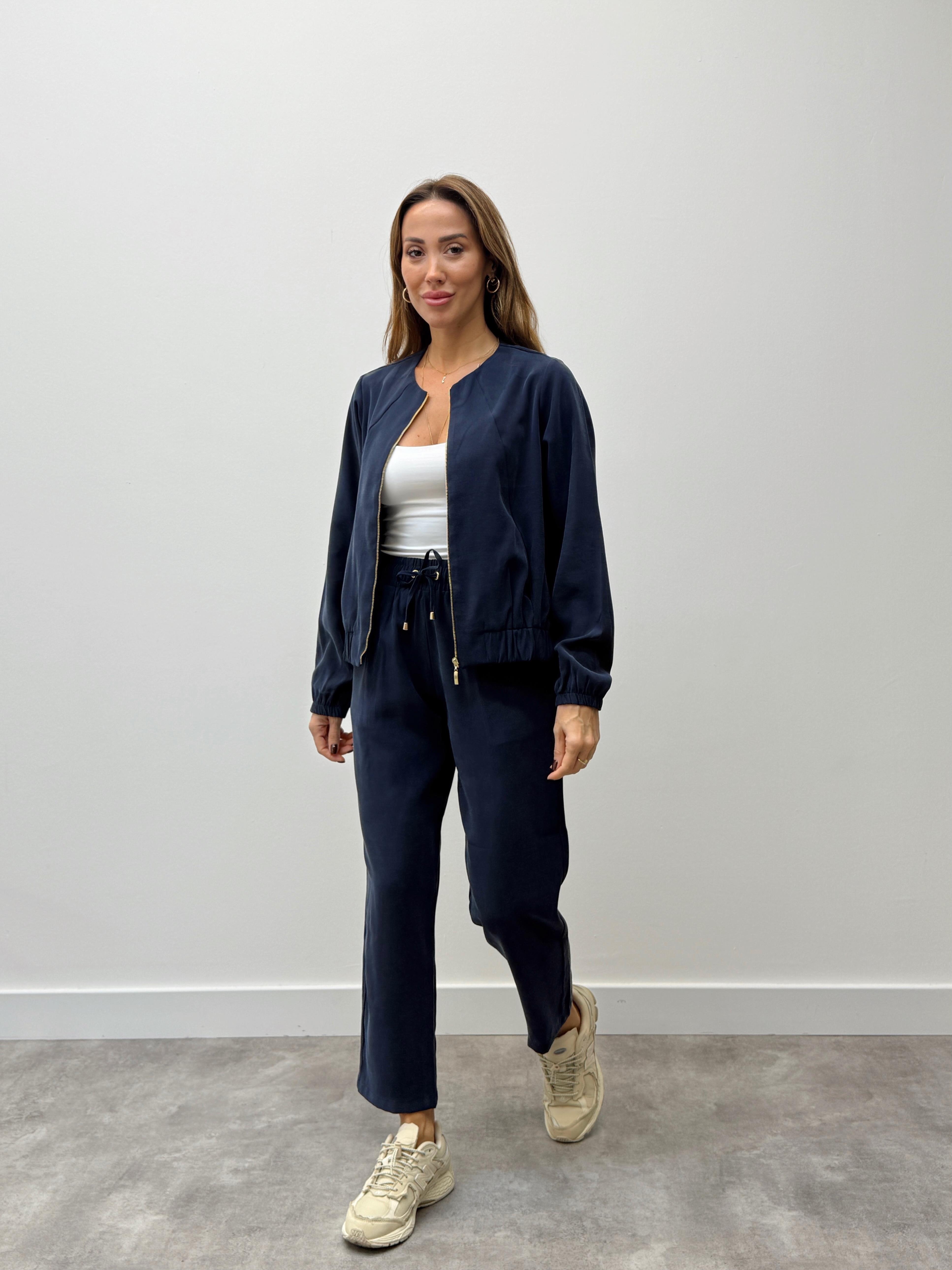 Kadın Fermuarlı Ceket Pantolon Alt-Üst Lacivert Takım