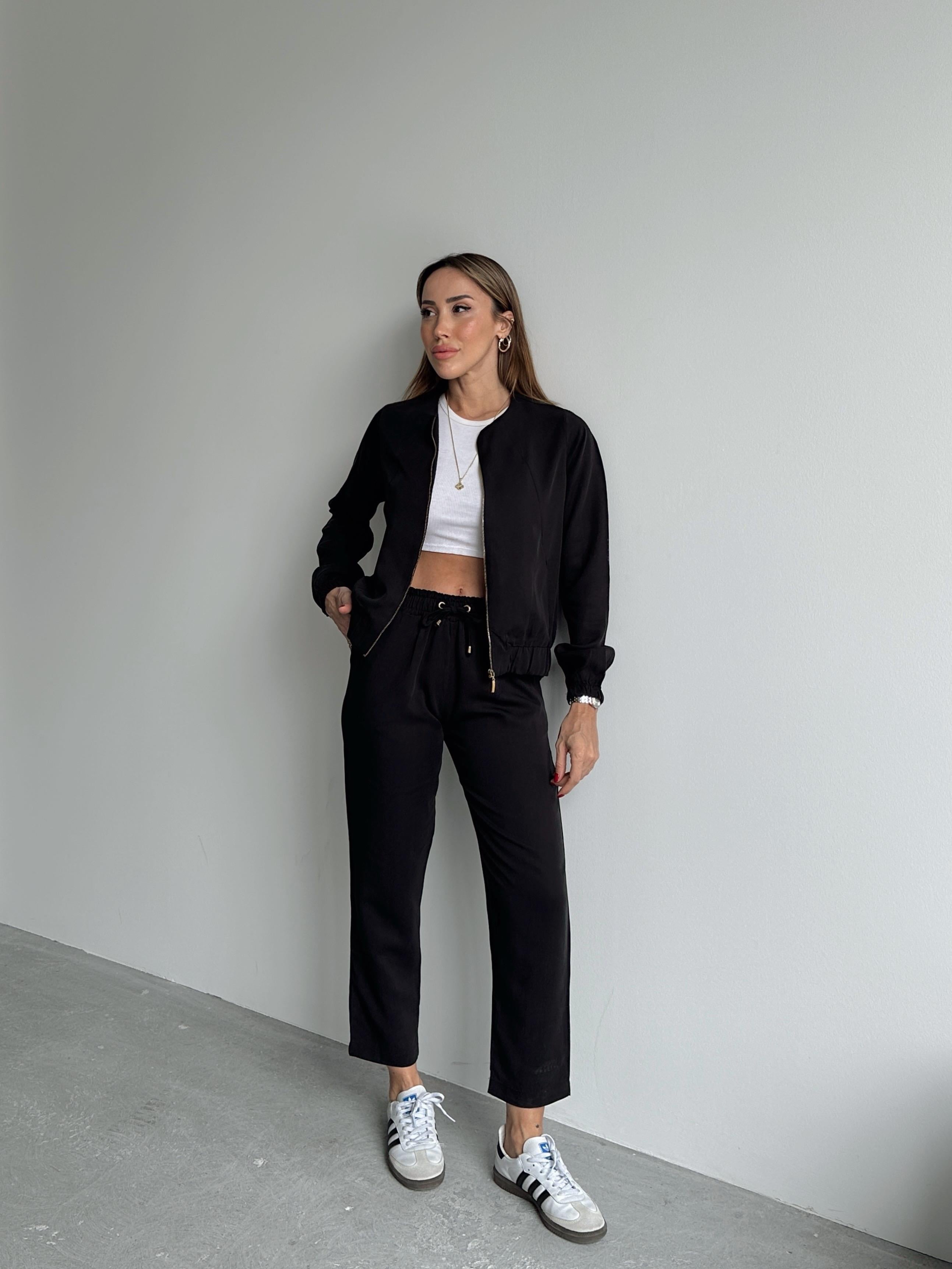 Kadın Fermuarlı Ceket Pantolon Alt-Üst Siyah Takım