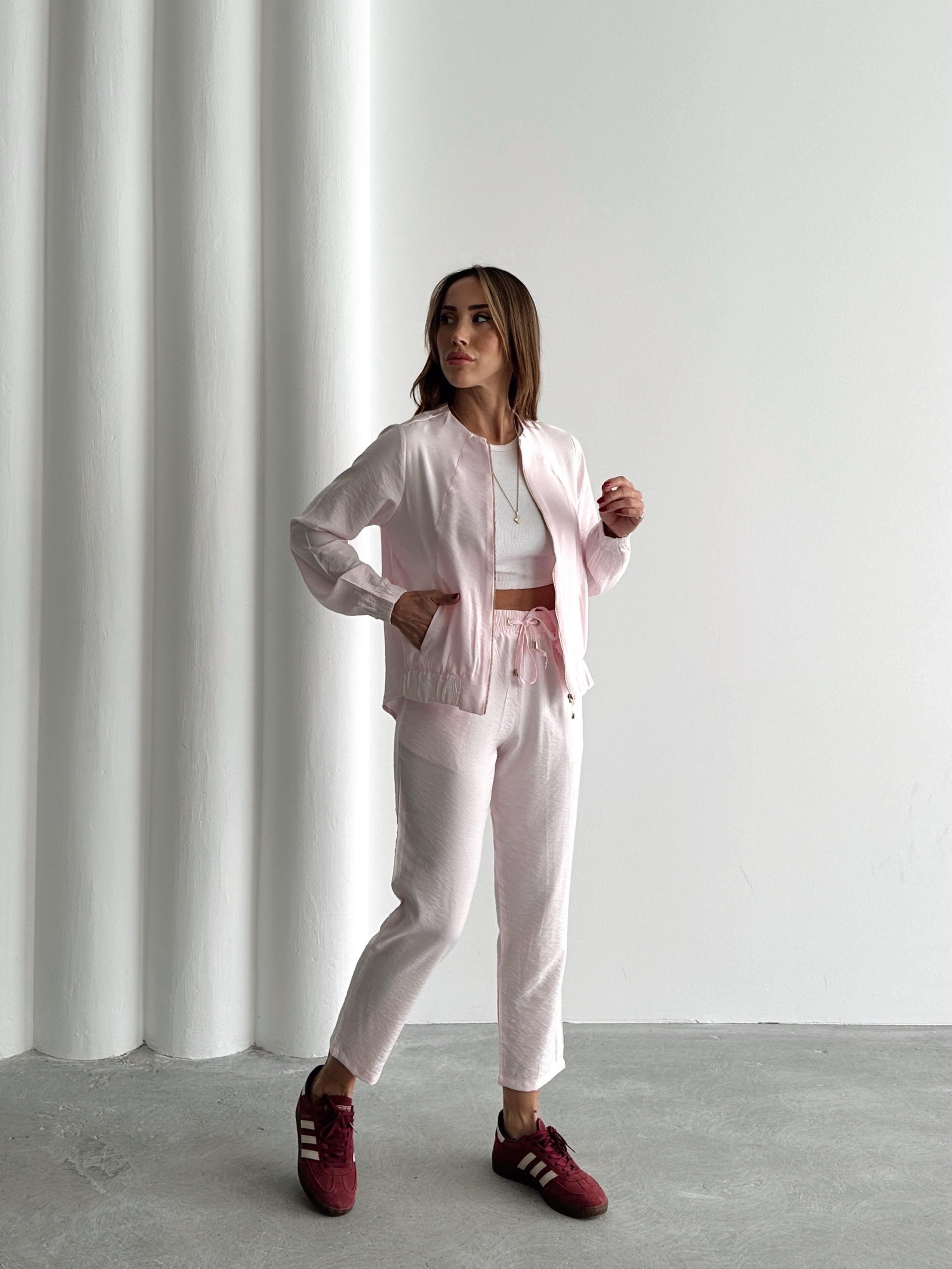 Kadın Fermuarlı Ceket Pantolon Alt-Üst Pembe Takım