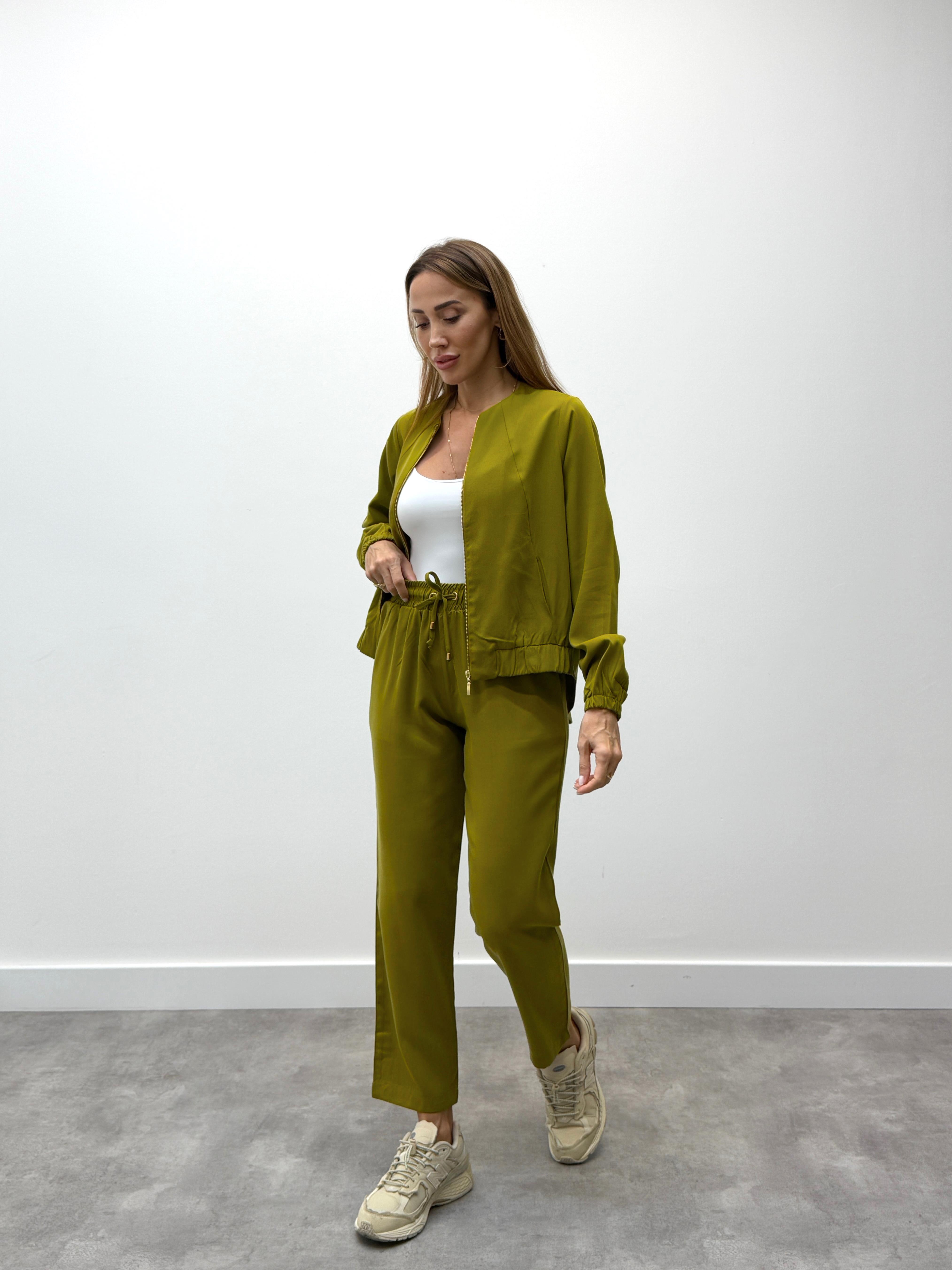 Kadın Fermuarlı Ceket Pantolon Alt-Üst Yağ Yeşili Takım