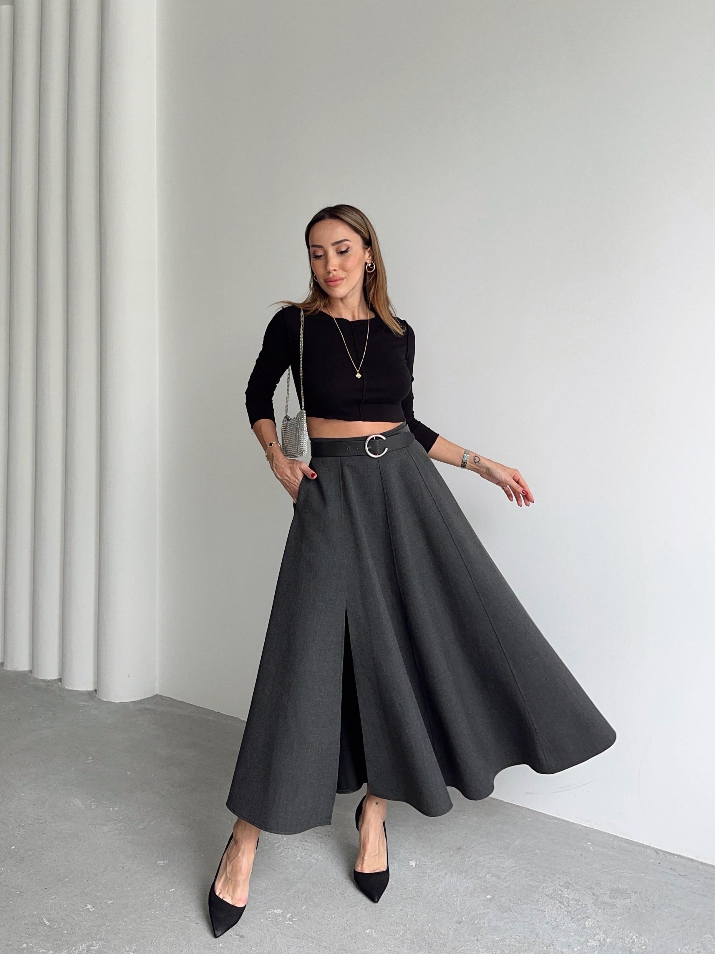 Kadın Fermuarlı Yırtmaçlı Godeli Antrasit Etek