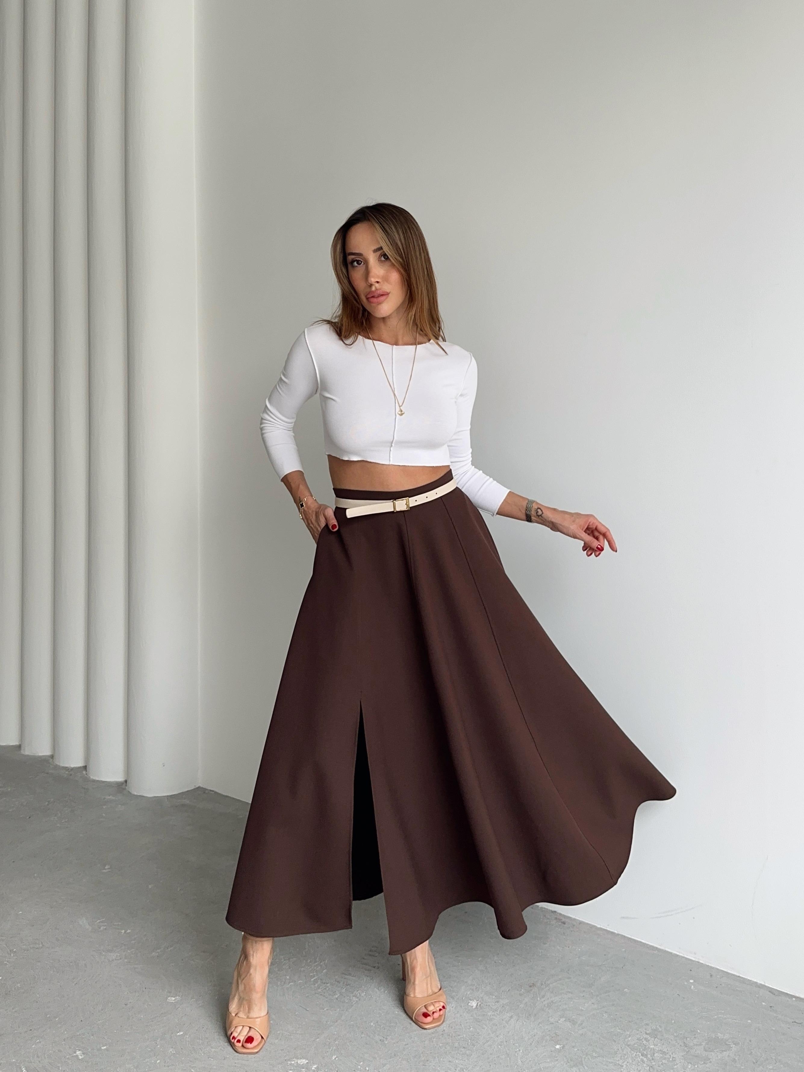 Kadın Fermuarlı Yırtmaçlı Godeli Kahverengi Etek