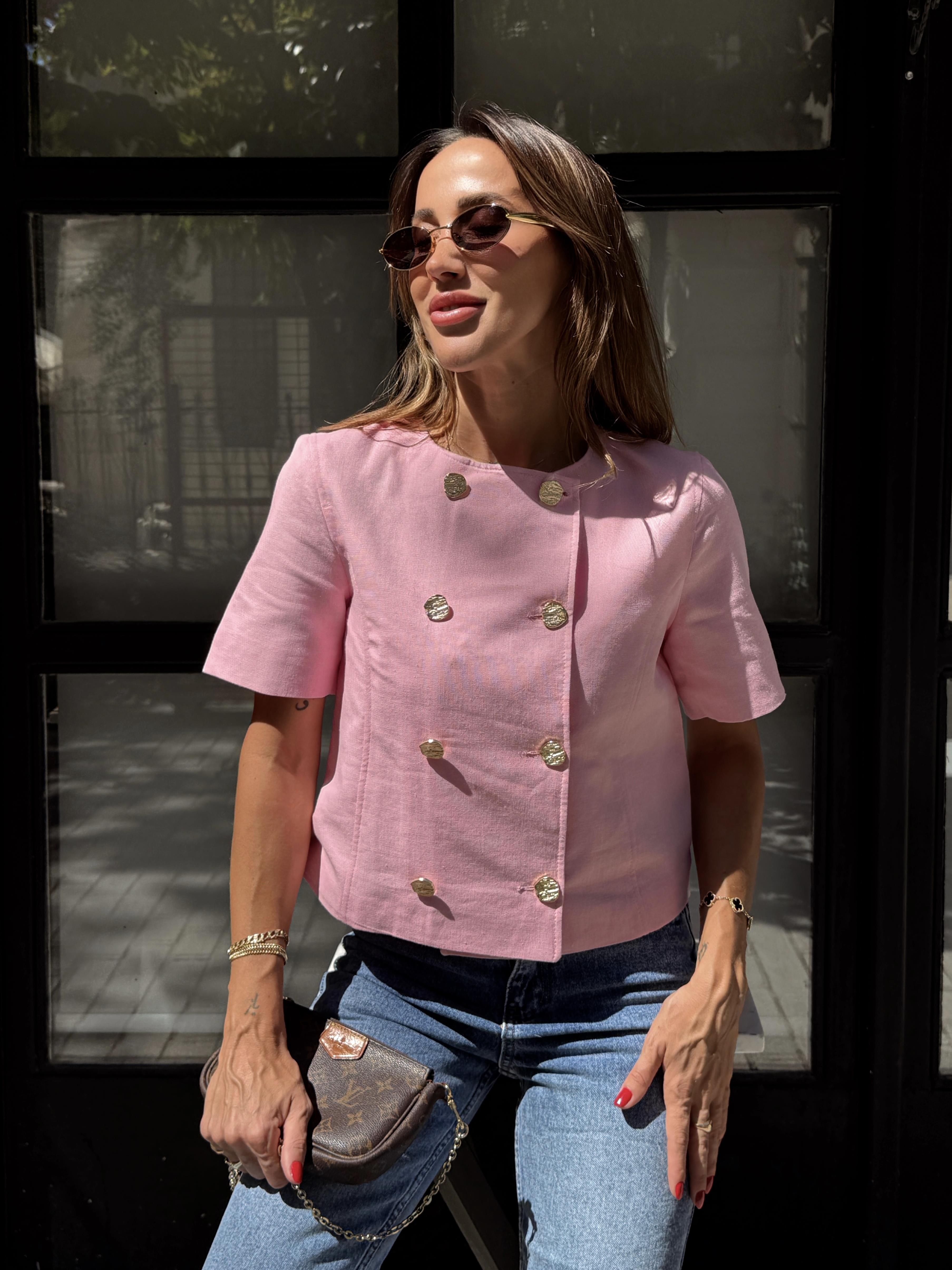 Kadın Gold Düğme Crop Pembe Ceket 