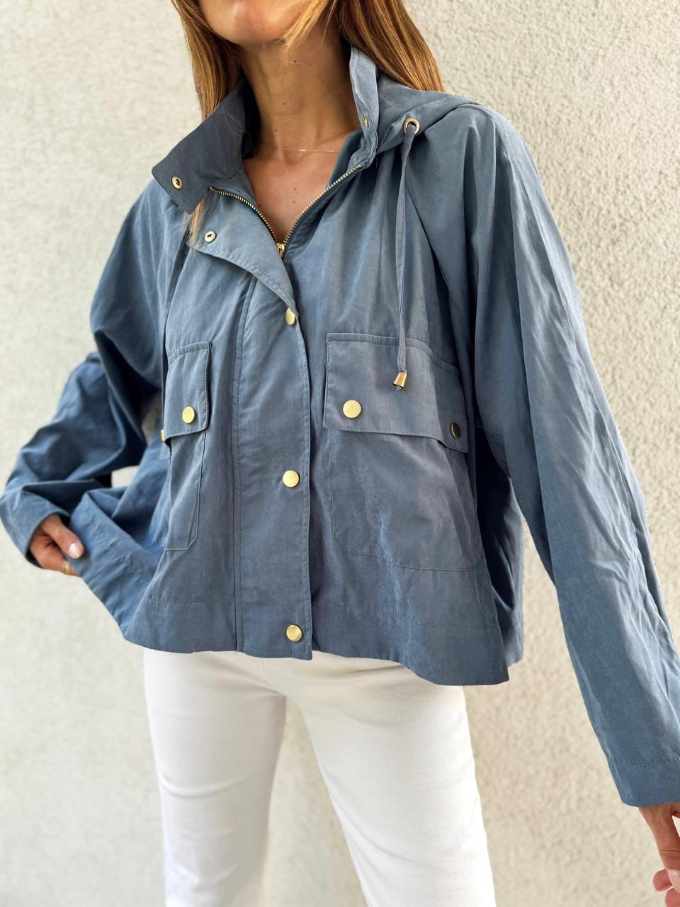 Kadın Kapüşonlu Oversize Bomber Mavi Trençkot · 2