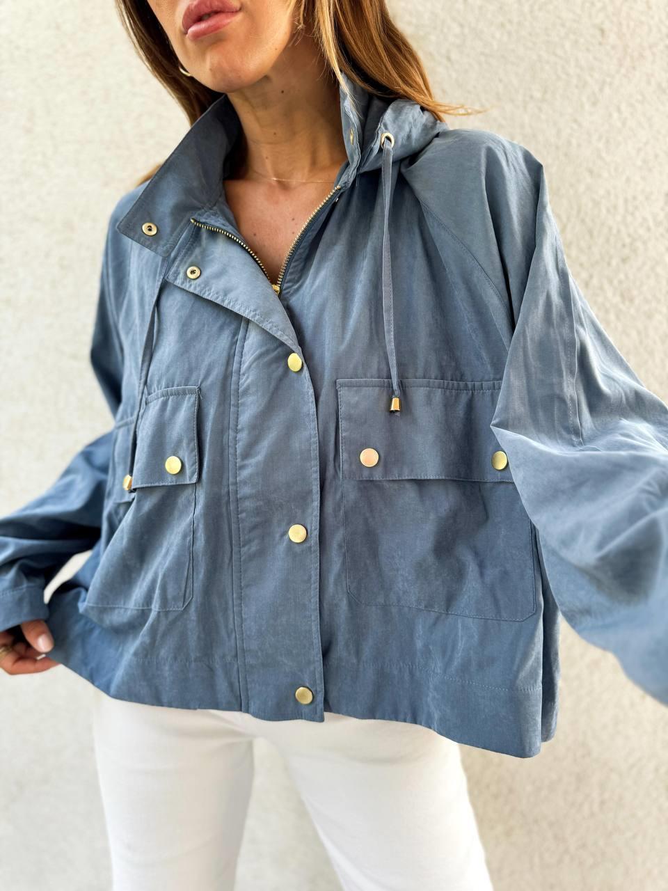 Kadın Kapüşonlu Oversize Bomber Mavi Trençkot · 4