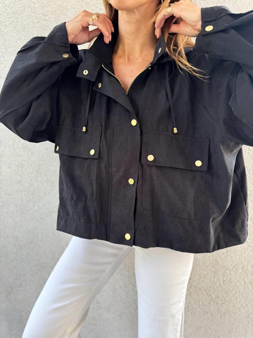 Kadın Kapüşonlu Oversize Bomber Siyah Trençkot · 2