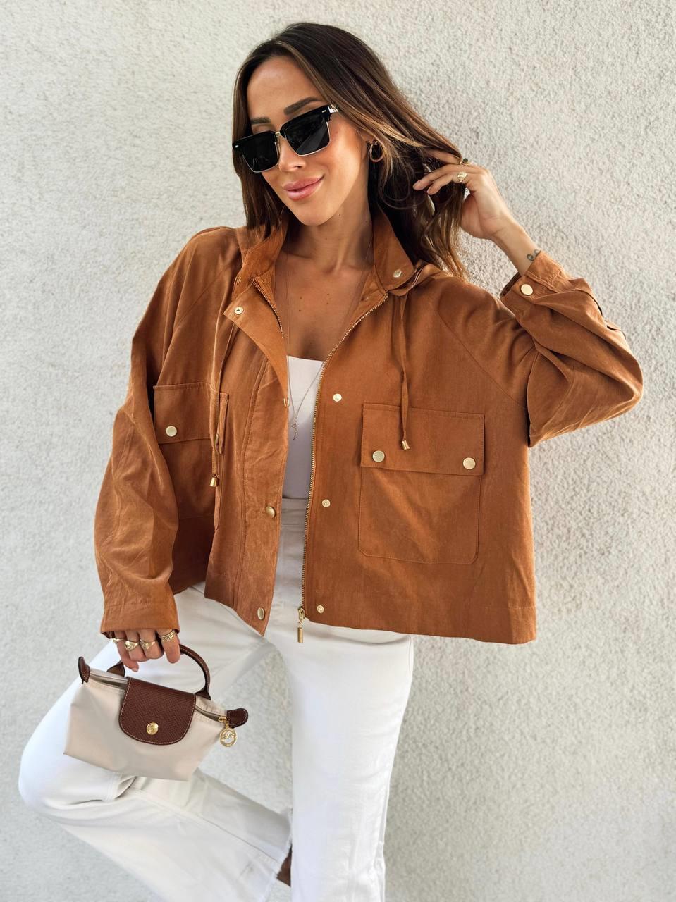 Kadın Kapüşonlu Oversize Bomber Taba Trençkot
