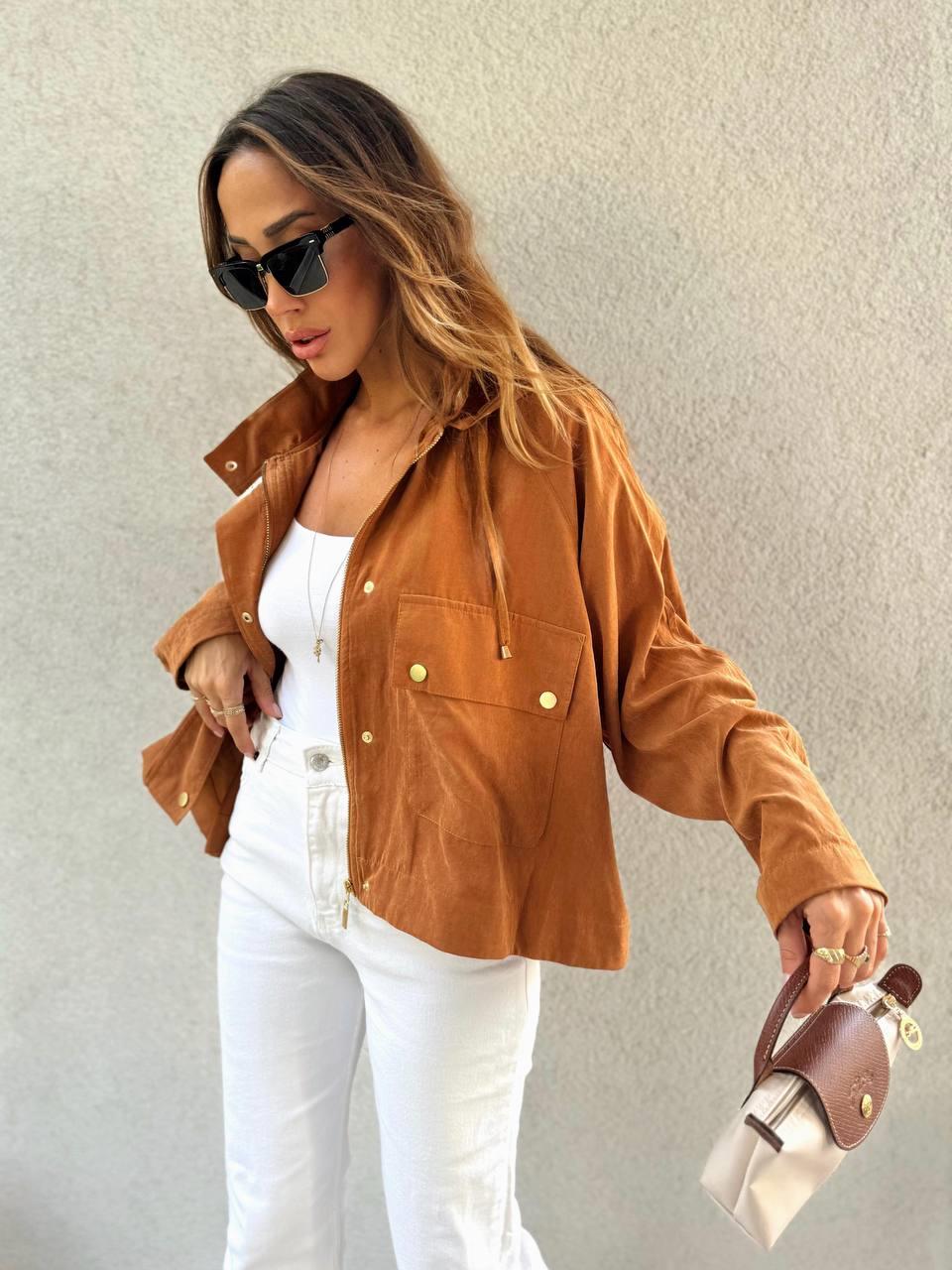 Kadın Kapüşonlu Oversize Bomber Taba Trençkot · 3