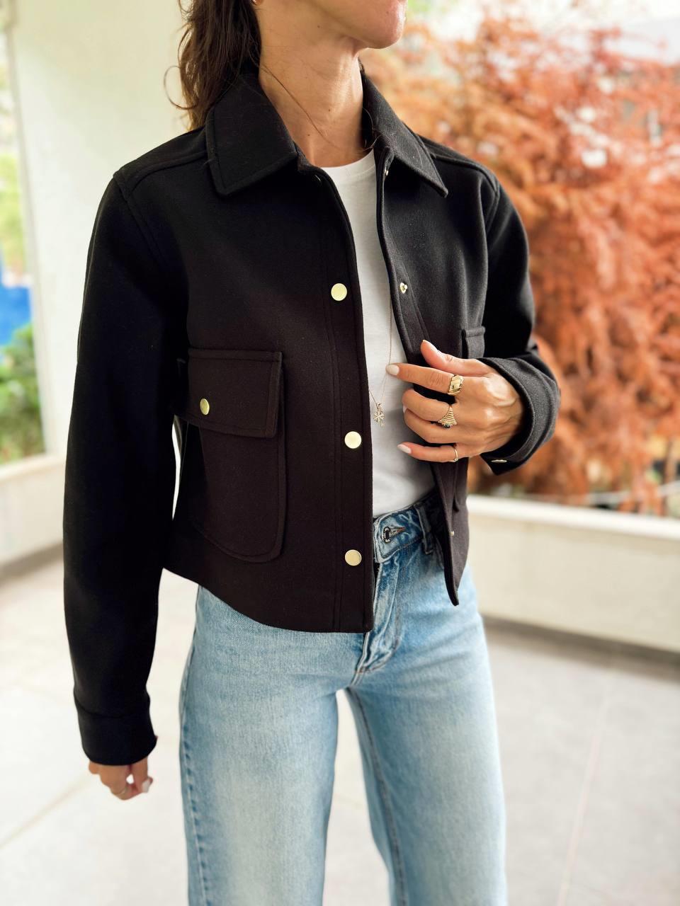 Kadın Kaşe Kumaş Cepli Siyah Bomber Ceket · 3