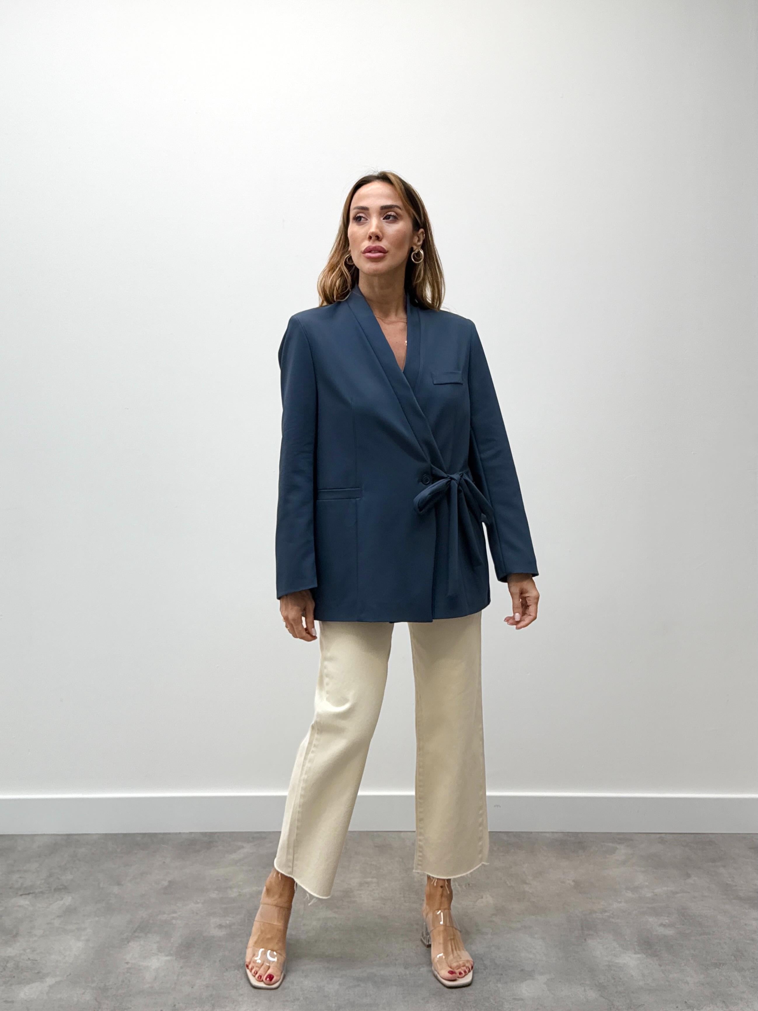 Kadın Kruvaze Kuşaklı Bağlamalı Mavi  Ceket 