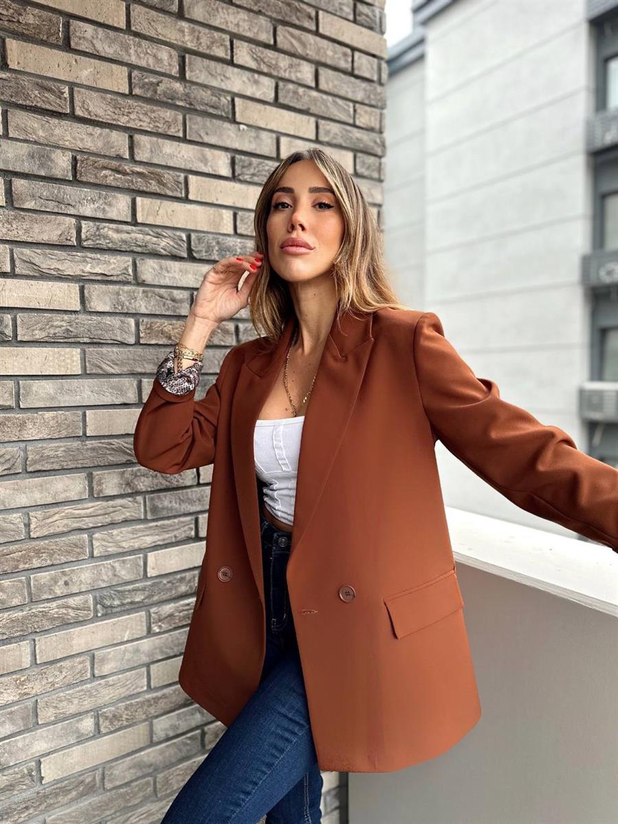 Kadın Double Kumaş Renkli Astar Kahverengi Blazer Ceket