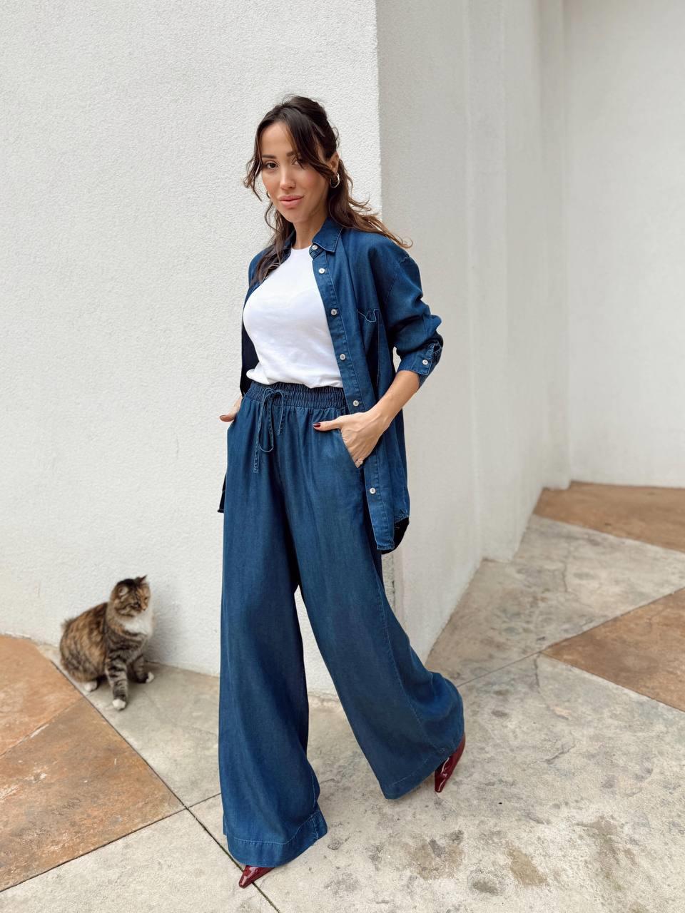 Kadın Mavi Denim Gömlek Pantalon Takım