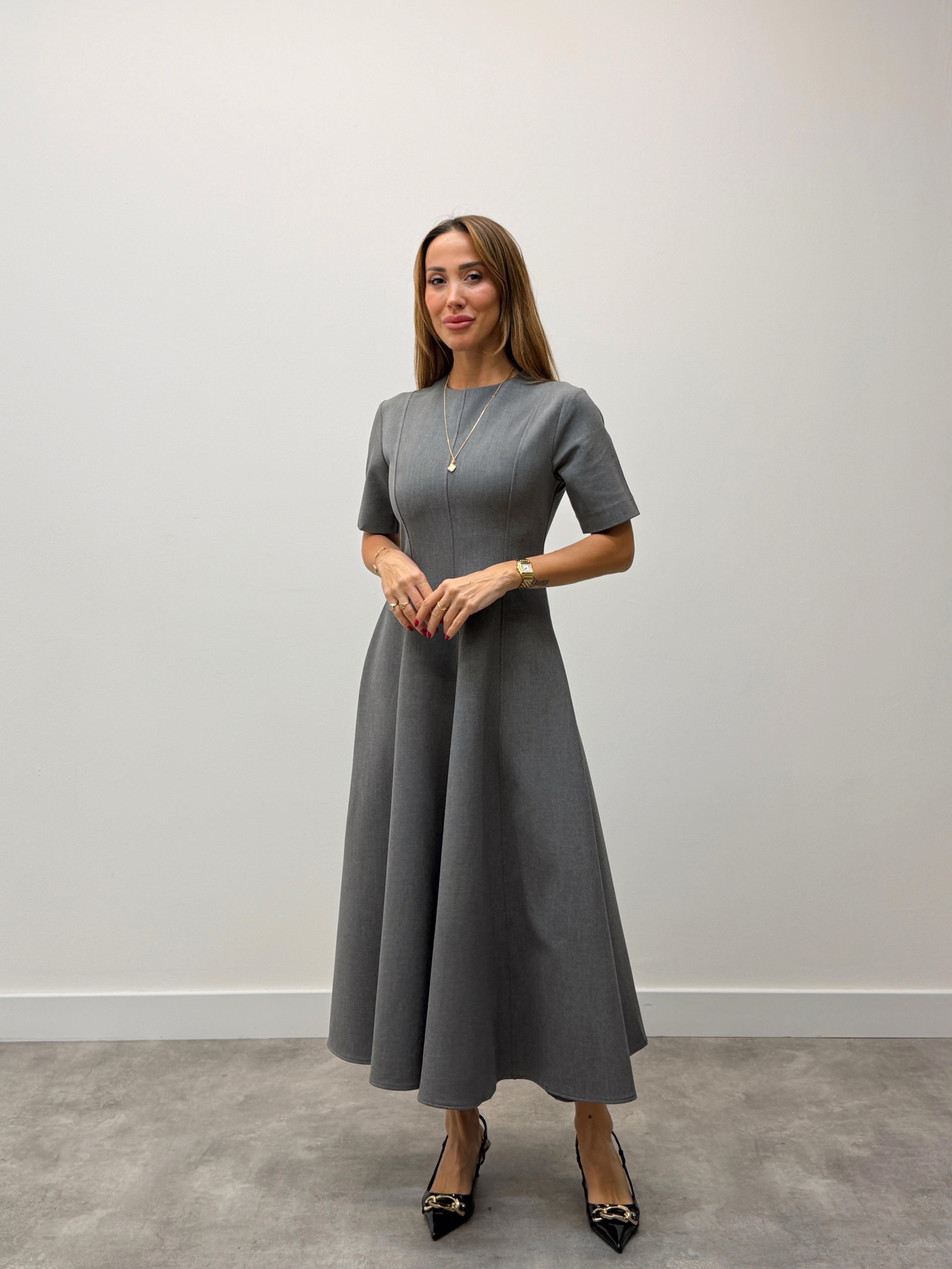 Kadın Maxi Boy Kloş Prenses Gri Elbise