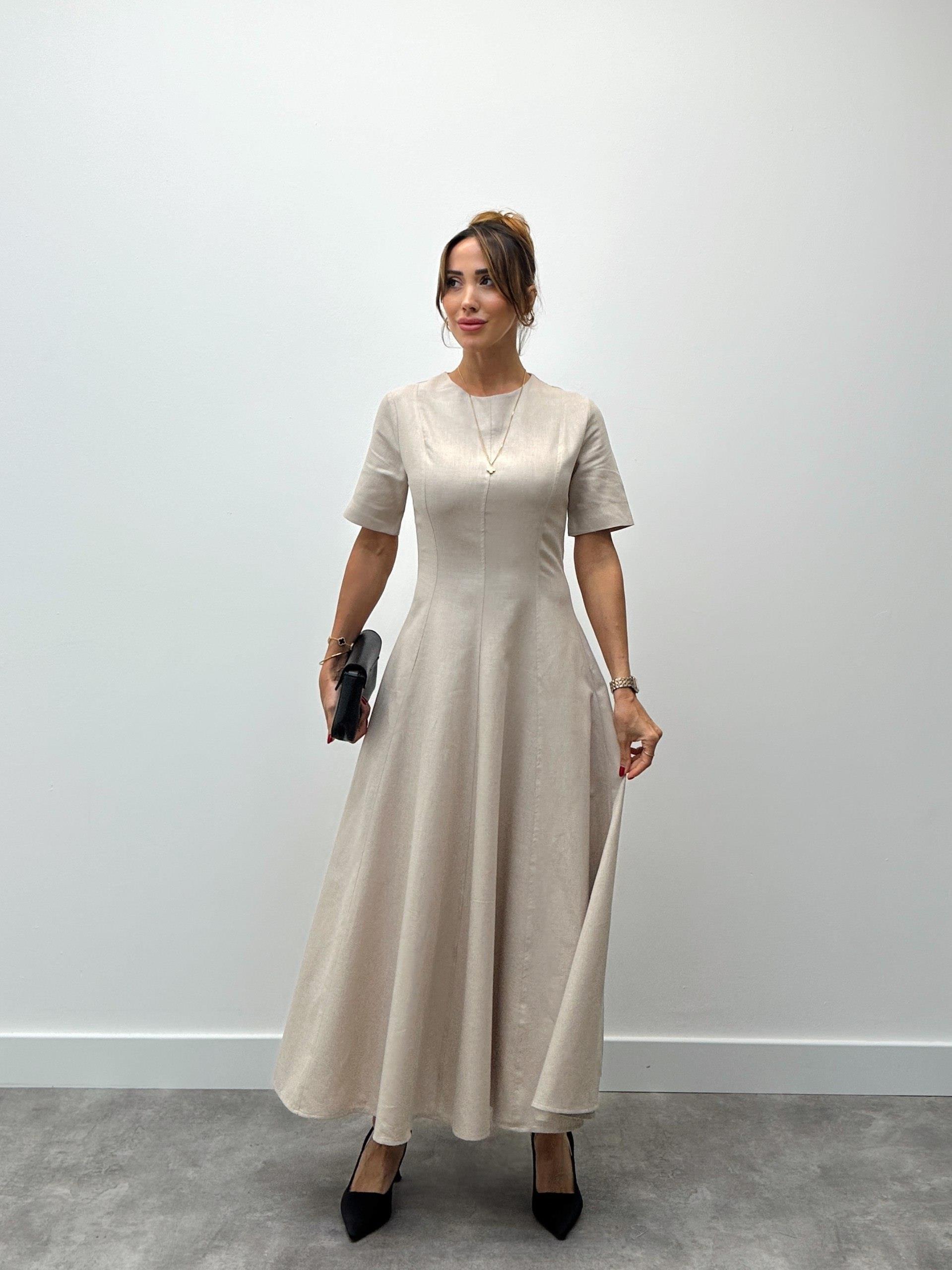 Kadın Maxi Boy Krem Keten Elbise