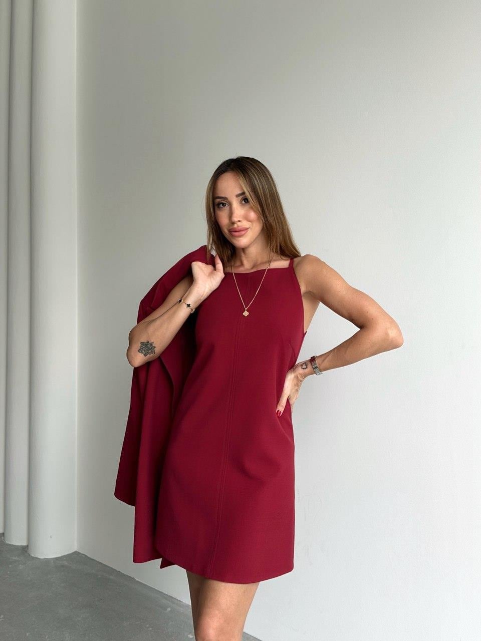 Kadın Mini Boy Askılı Bordo Elbise