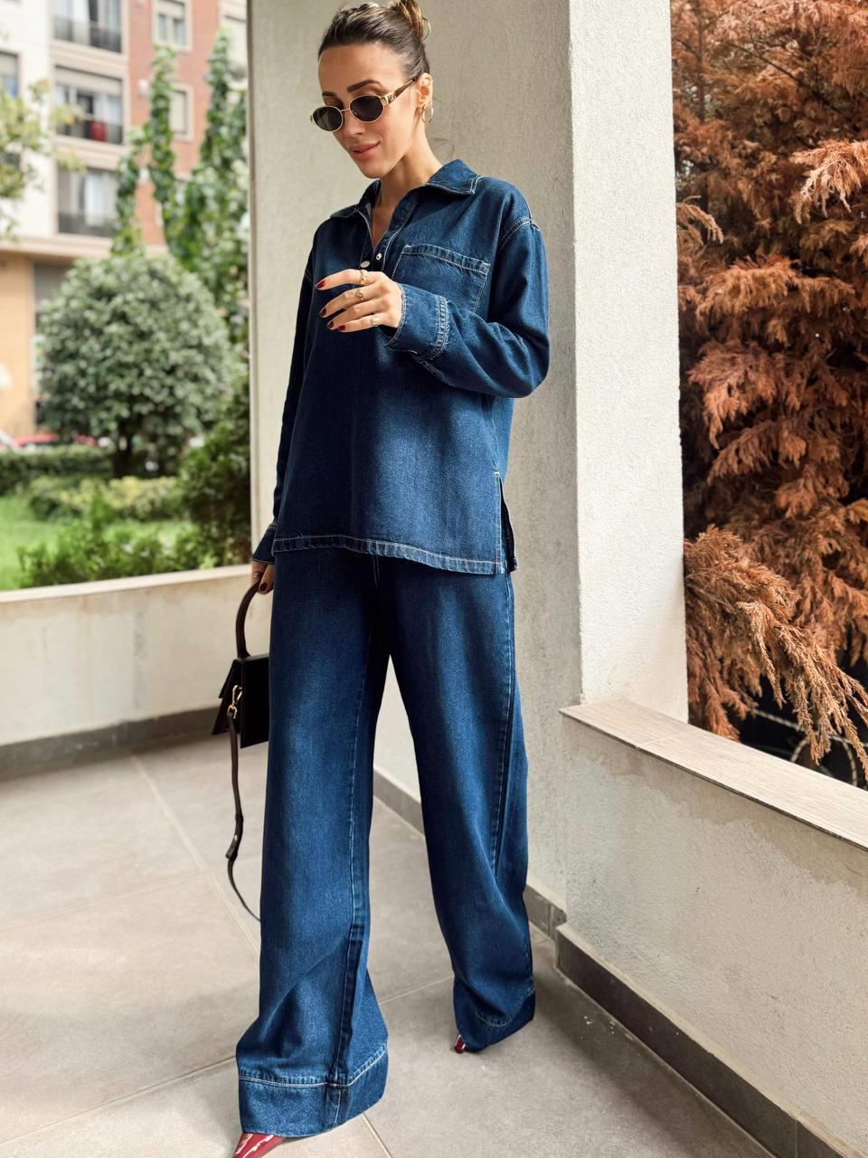 Kadın Özel Seri Denim Pantolon Gömlek Mavi Takım