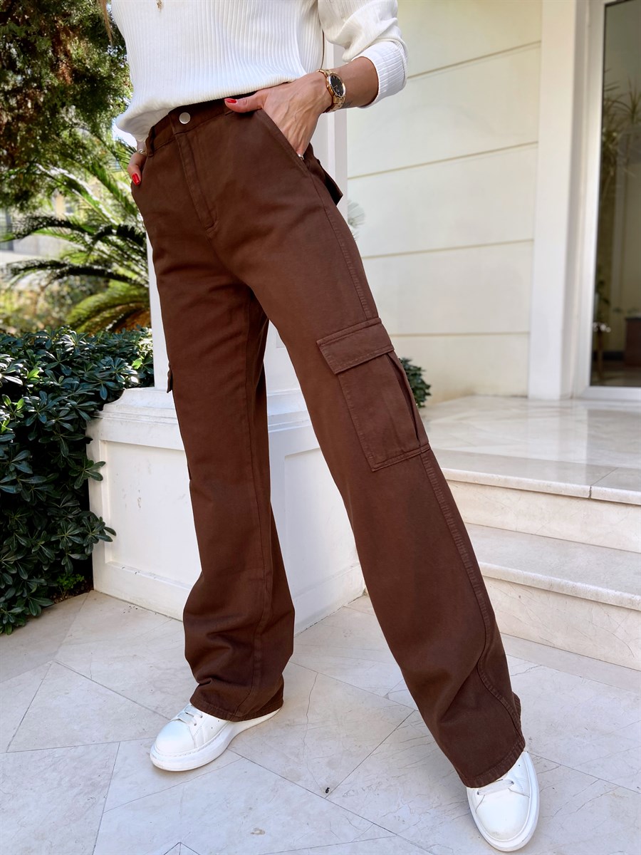 Kadın Palazzo Kargo Cep Detay Parça Boya Gabardin Kahverengi Pantolon