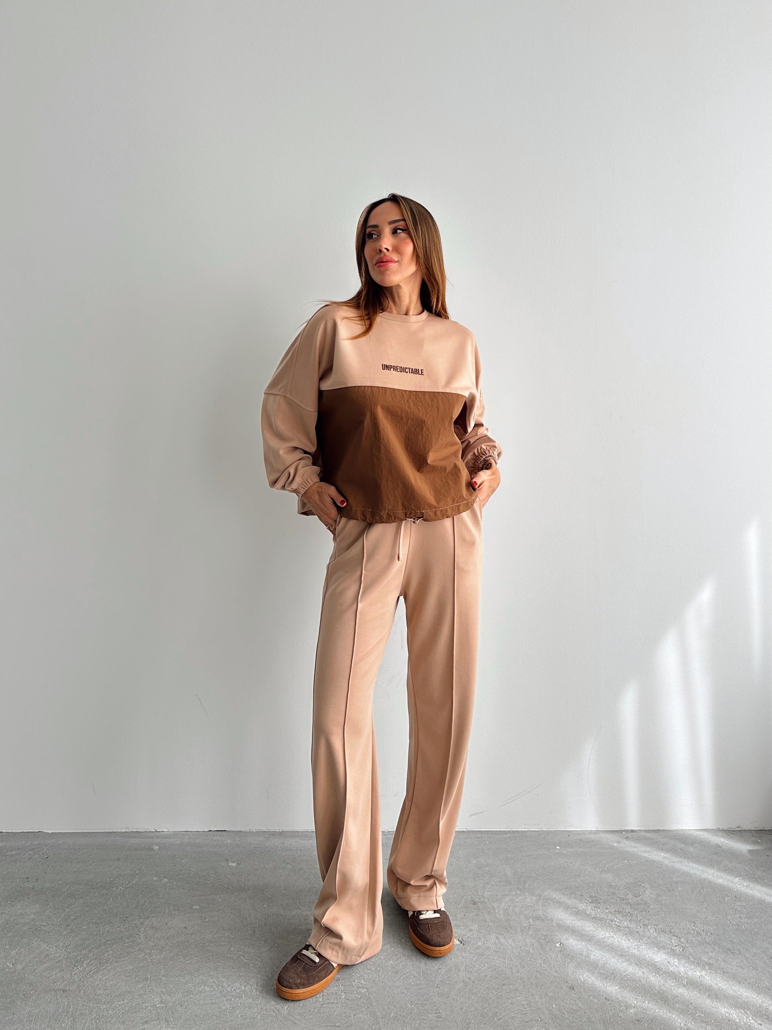 Kadın Paraşüt Detay Sweat Pantolon Vizon Modal Takım