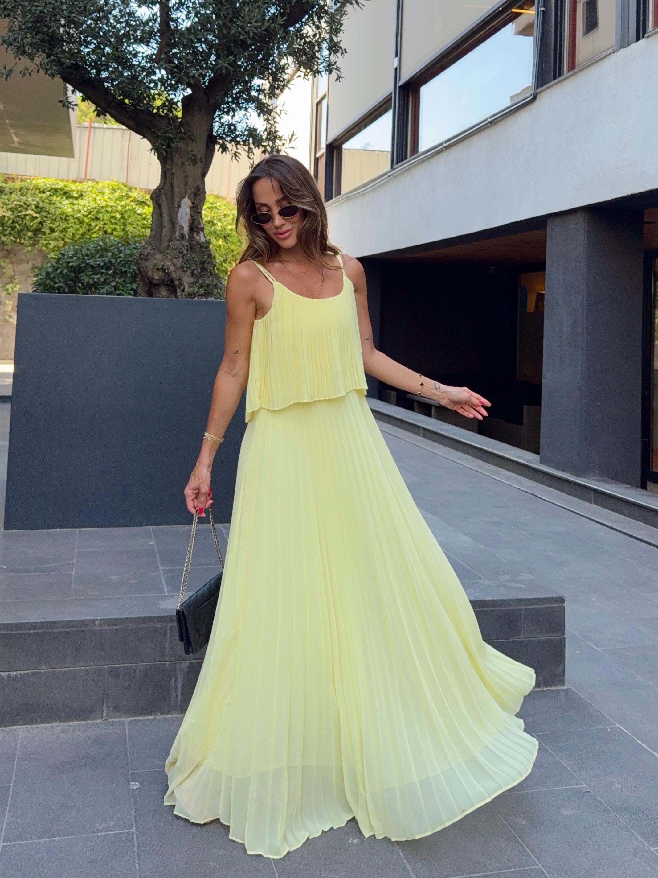 Kadın Pliseli Şifon Sarı Elbise