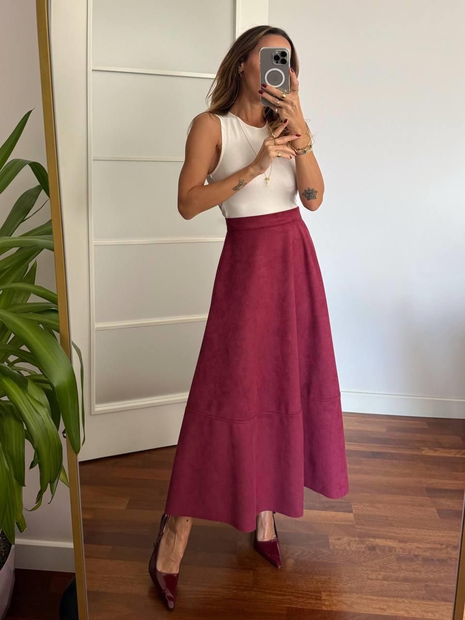 Kadın Süet Kumaş Fermuarlı Bordo Çan Etek 3604 · 4