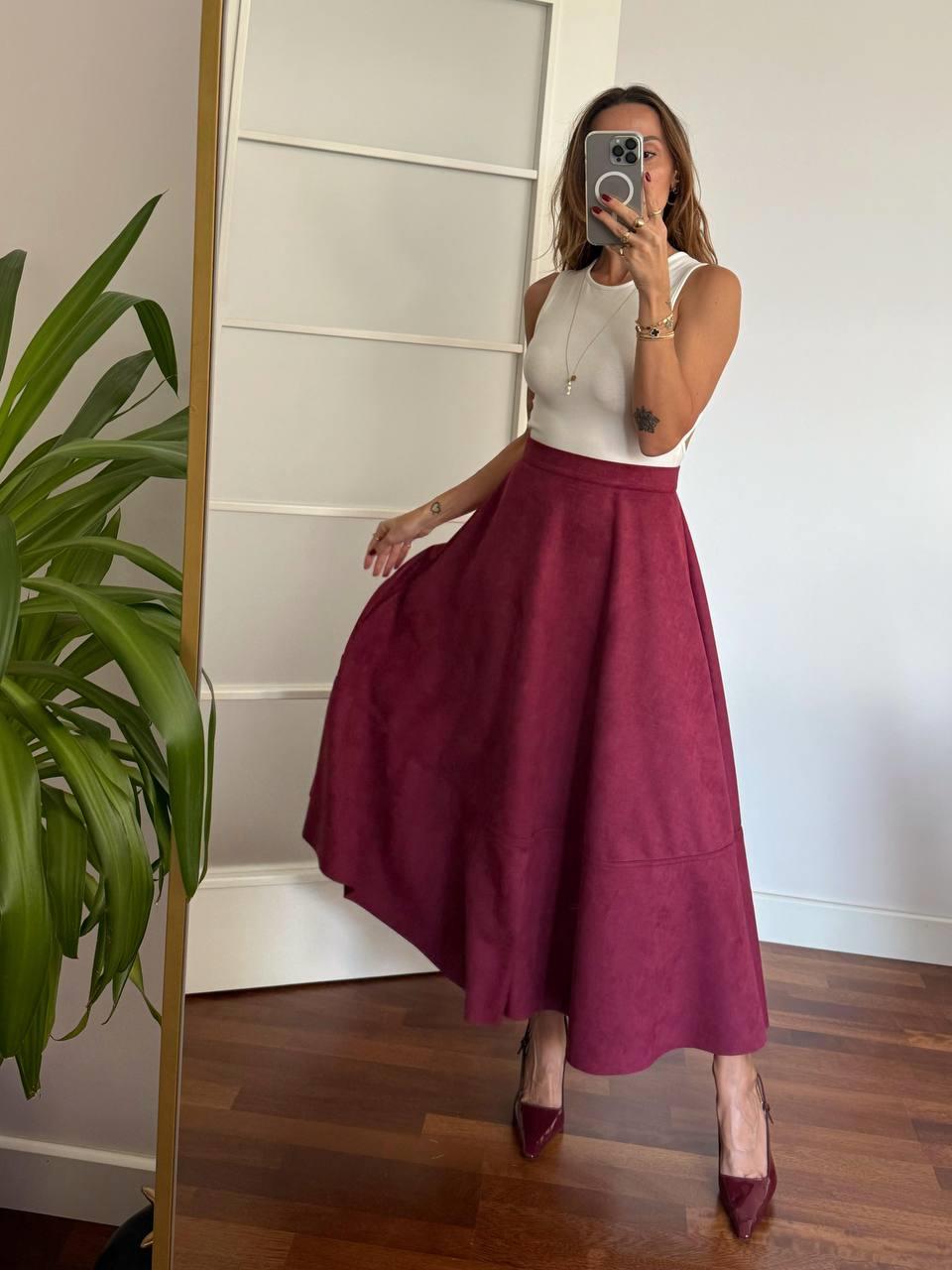Kadın Süet Kumaş Fermuarlı Bordo Çan Etek 3604 · 3