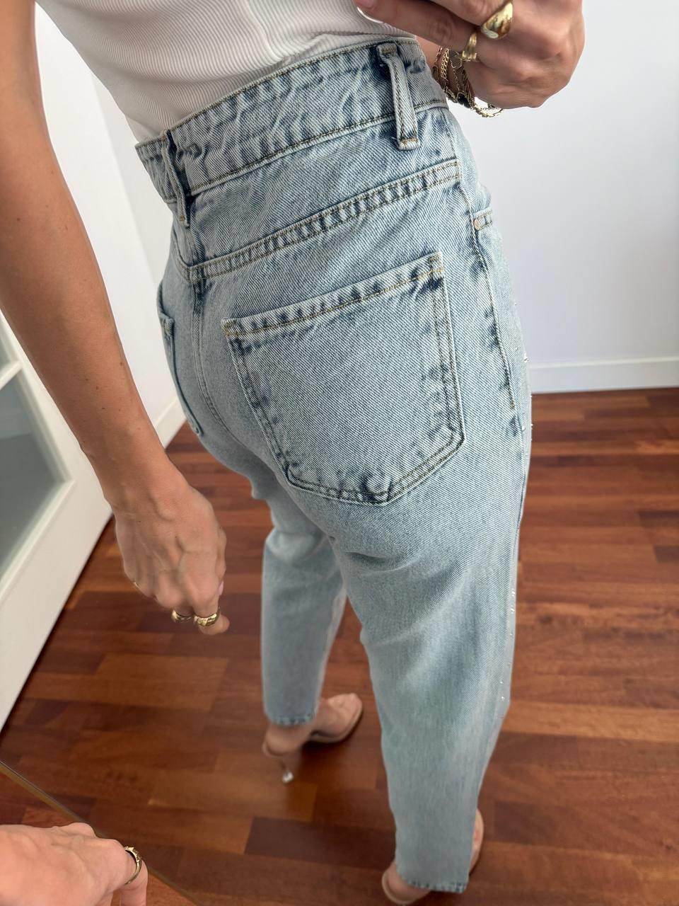Kadın Taş Detay Yüksek Bel Açık Mavi Mom Jean 1414 · 4