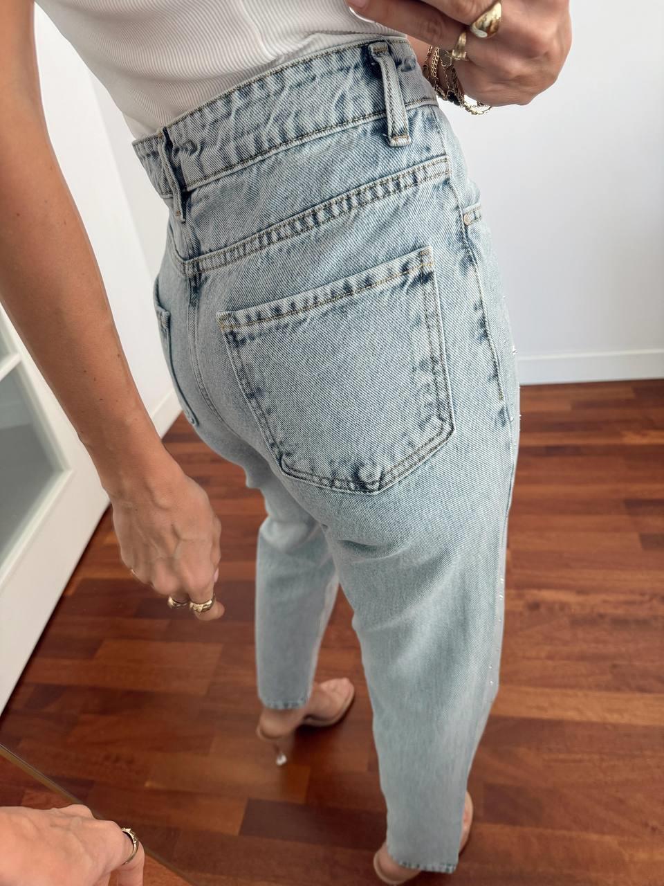 Kadın Taş Detay Yüksek Bel Açık Mavi Mom Jean 1414 · 5