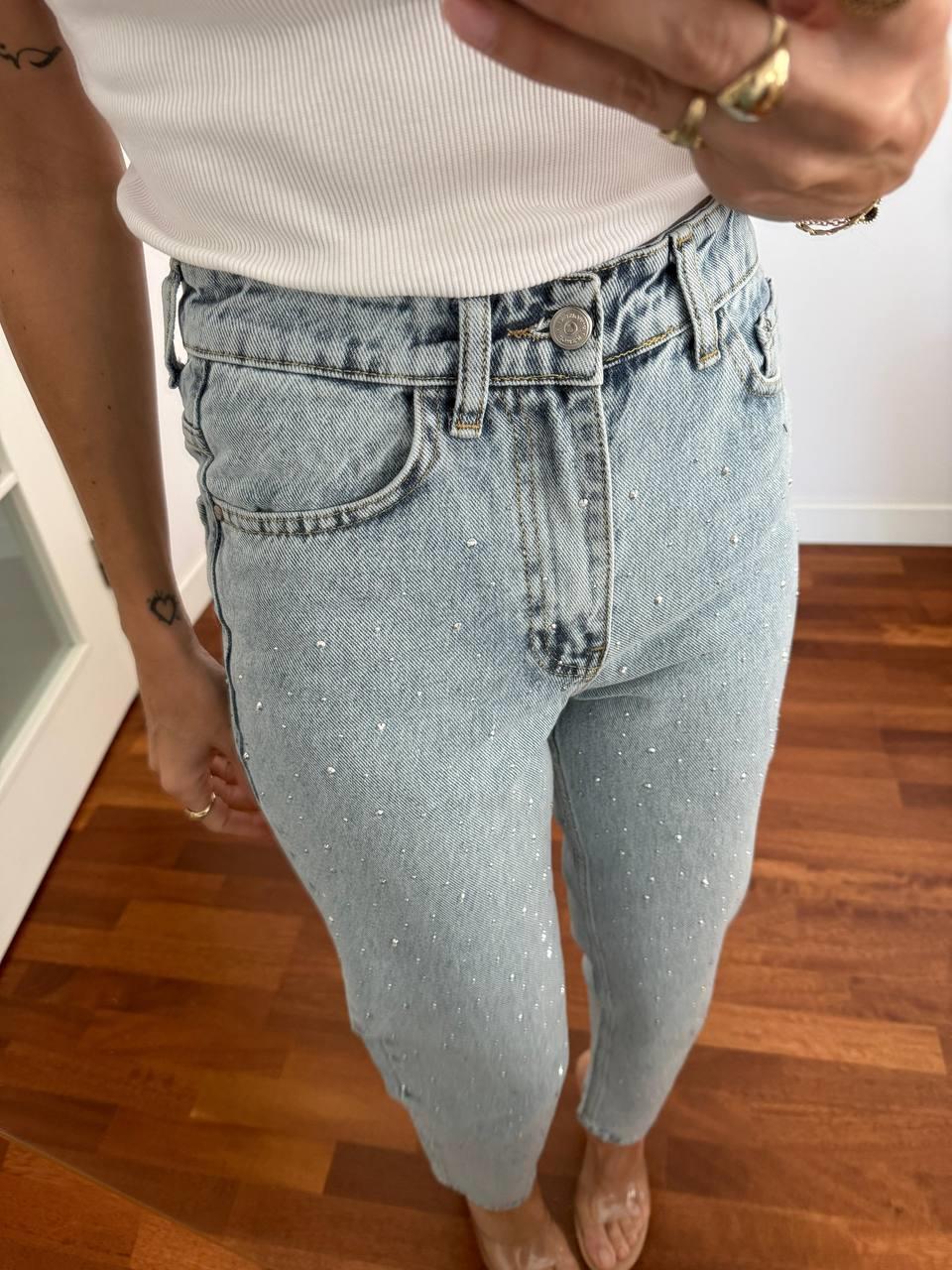 Kadın Taş Detay Yüksek Bel Açık Mavi Mom Jean 1414 · 6