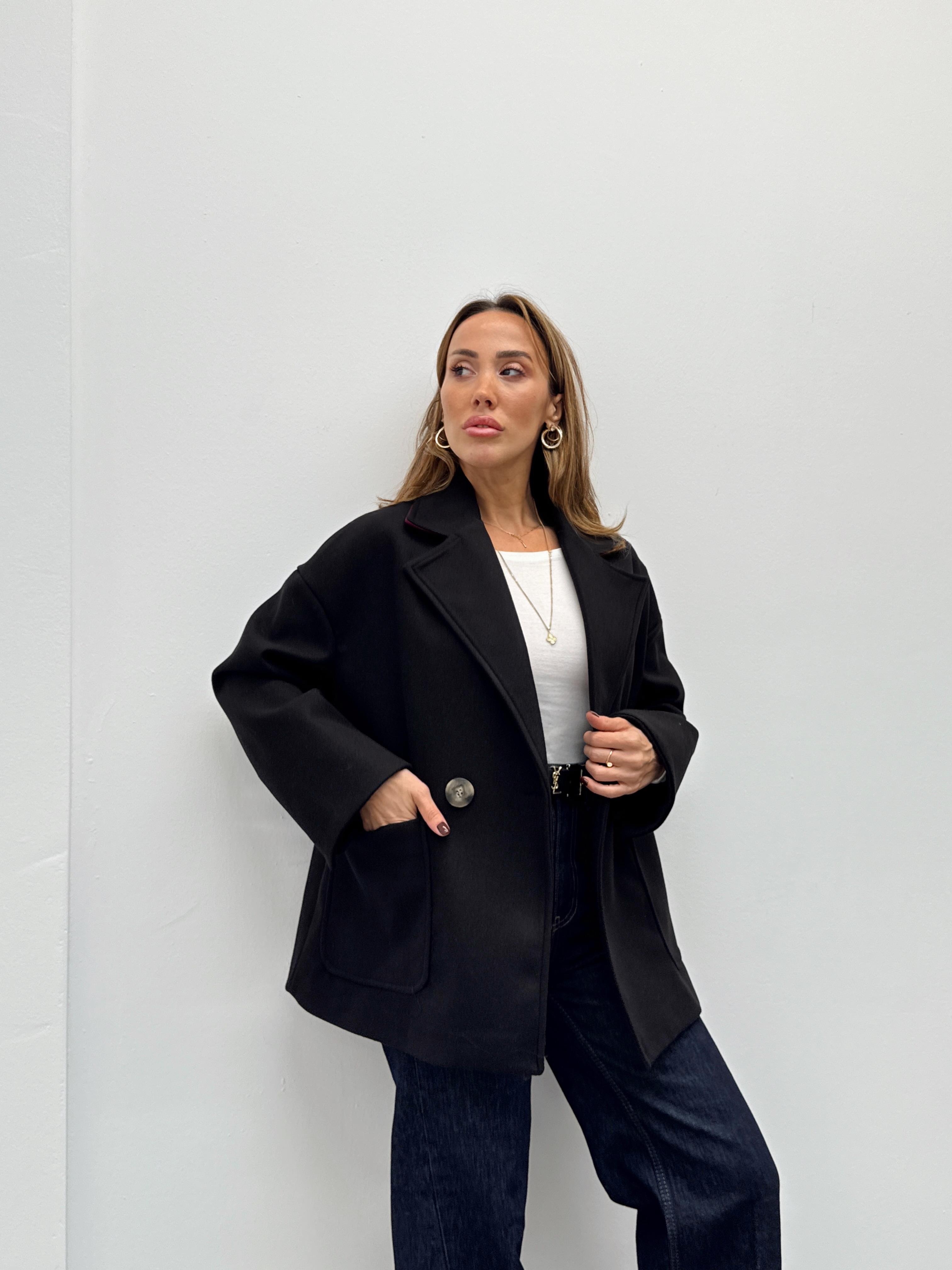 Kadın Tone Siyah Düğmeli Premium Kaşe Kaban