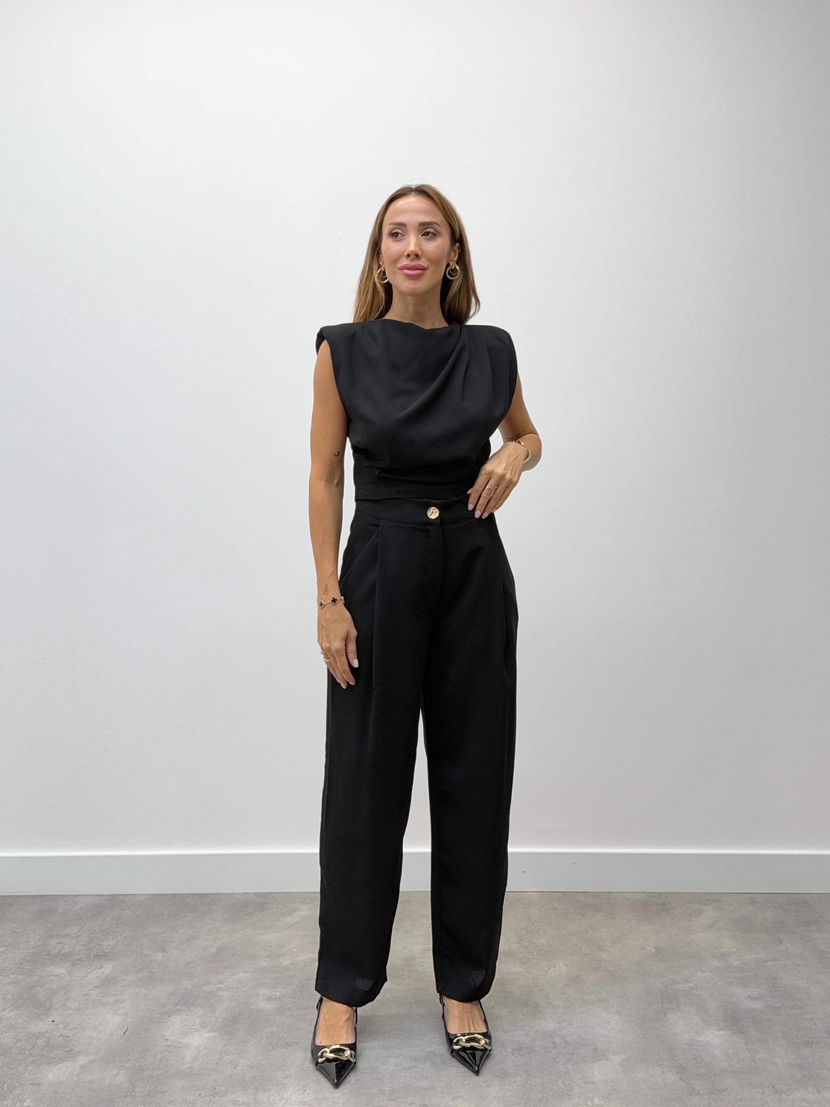 Kadın Vatkalı Drape Detay Alt Üst Siyah Pantolon Takım