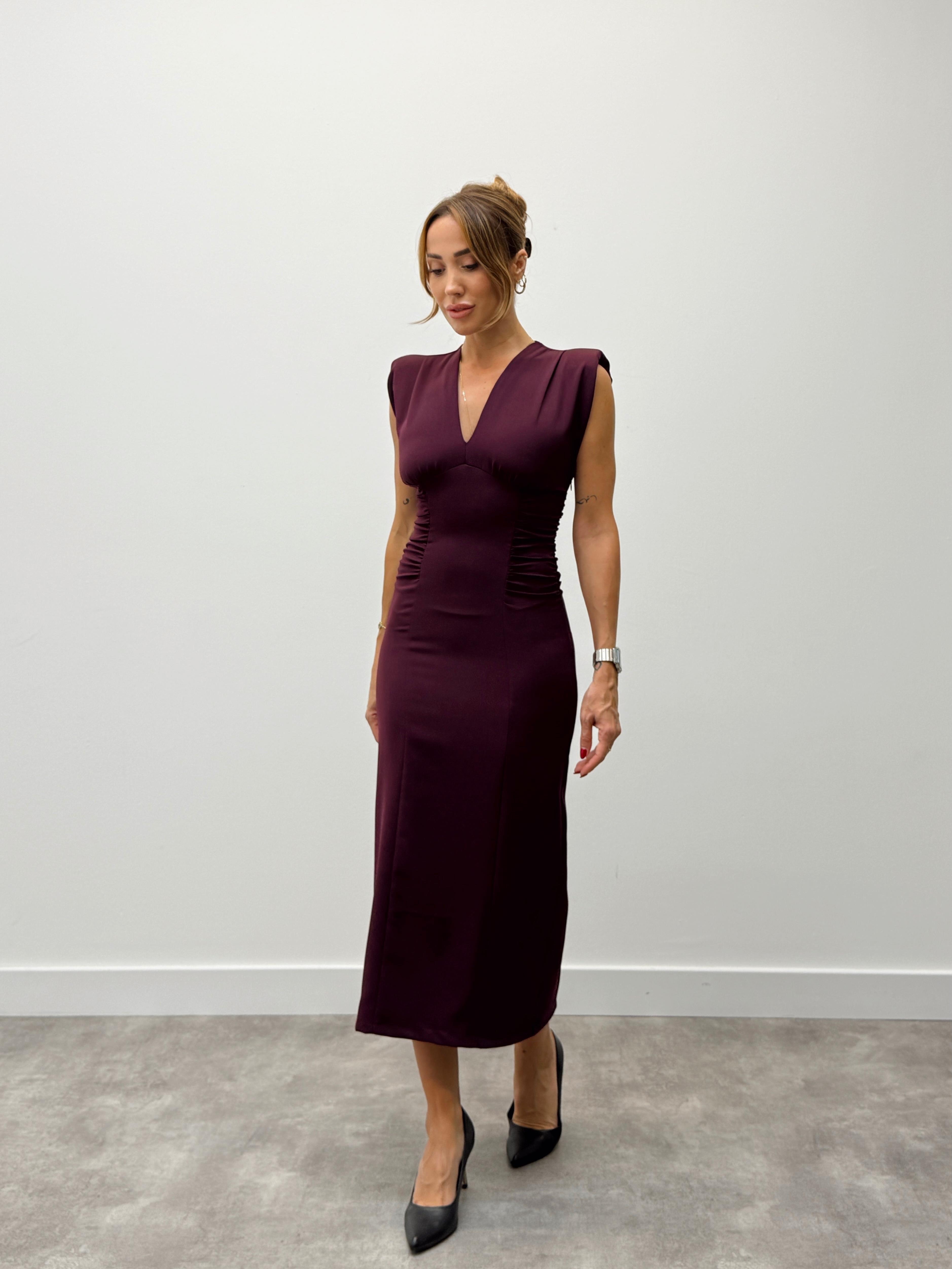 Kadın Vatkalı Drape Detaylı Bordo Elbise
