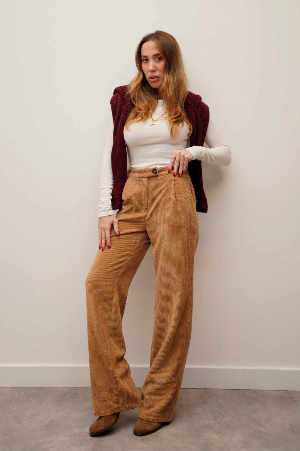 Yüksek Bel Retro Fitilli Camel Pantolon 