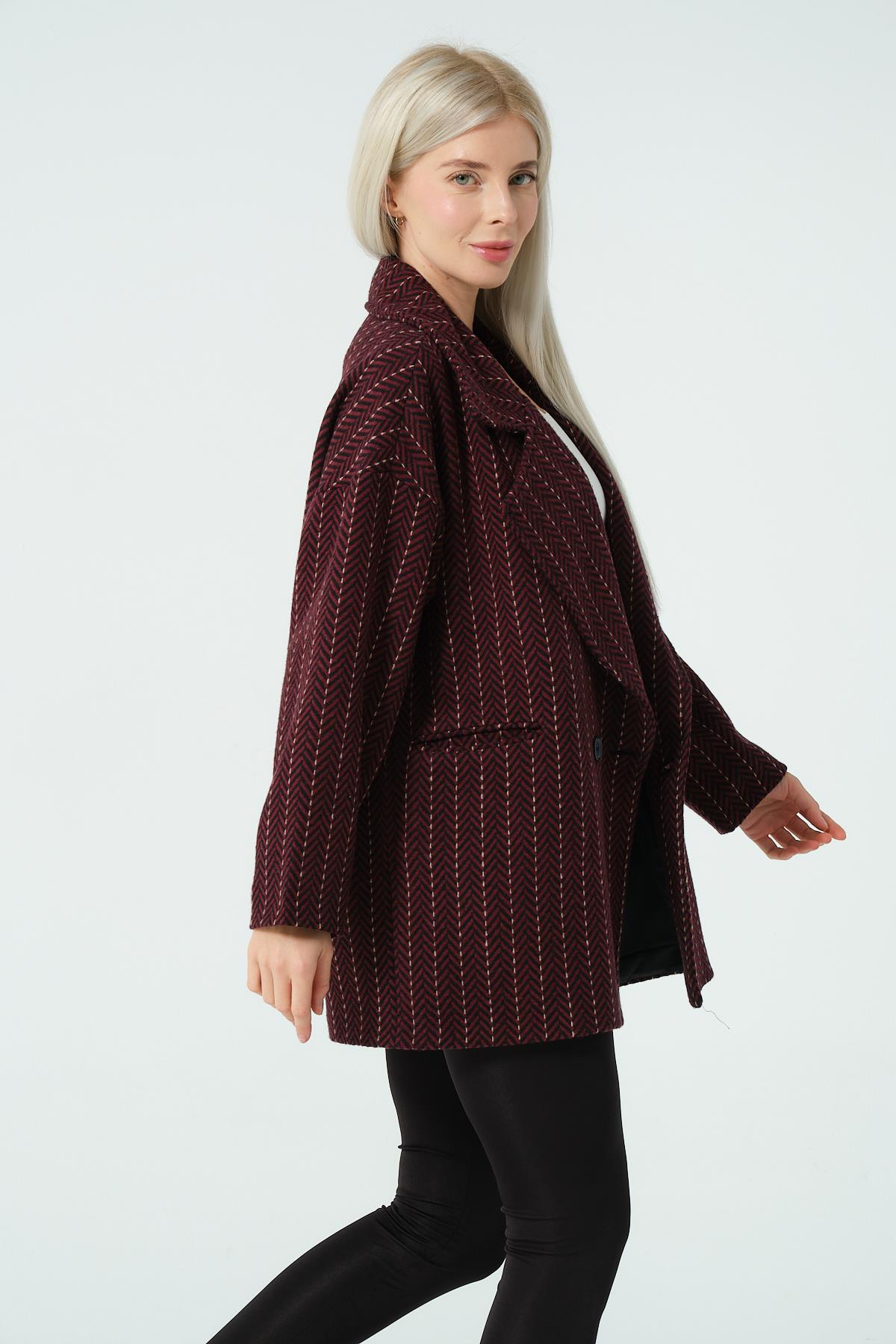 BALIKSIRTI ÇİZGİ DESENLİ KABAN BORDO