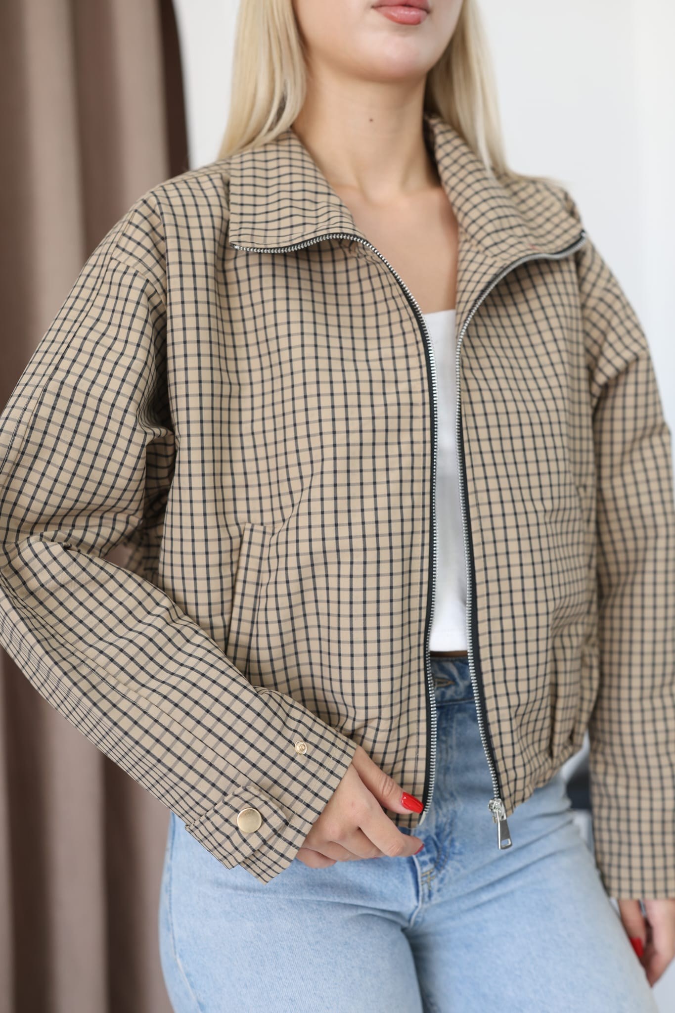 Bej Ekose Desenli Fermuarlı Dik Yaka Uzun Kollu Oversize Bomber Ceket